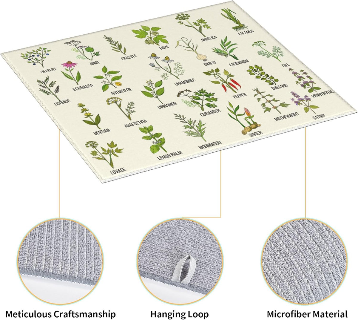 Cute Herbs Botanic Garden Plants Dish Drying Mat for Kitchen Counter Washable Absorbent Reversible Microfiber Drying Pad Kitchen Accessories 16"x18"