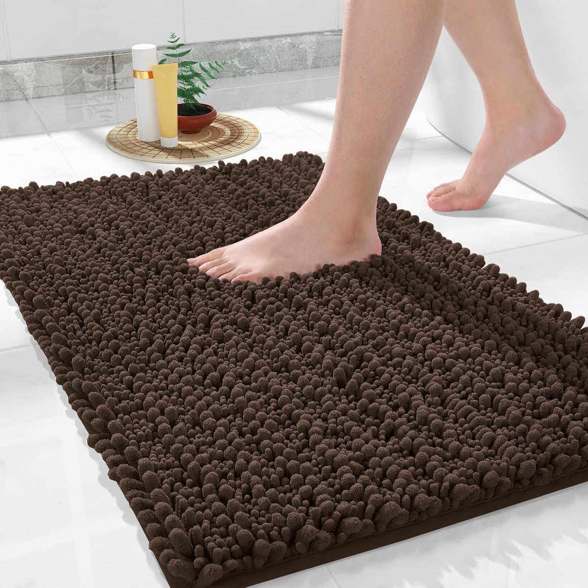 Yimobra Bathroom Rugs Non Slip Washable 24x17 Inch - Ultra Soft Absorbent Chenille Bath Mat, Quick Dry Shaggy Floor Carpet for Tub Shower, Brown Home Decor Accessories