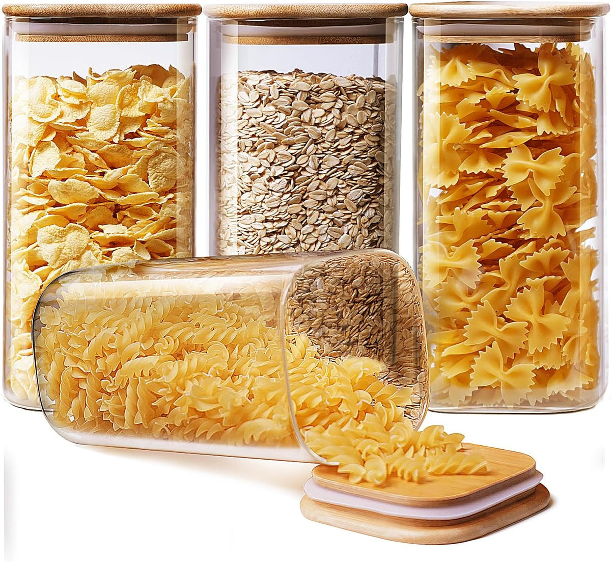 Square Glass Jars with Bamboo Lids 53 FL OZ [Set of 4], Glass Canisters with Airtight Lid, Glass Food Storage Containers for Pasta, Cereal, Coffee, Flour, Sugar, Best for Kitchen & Pantry