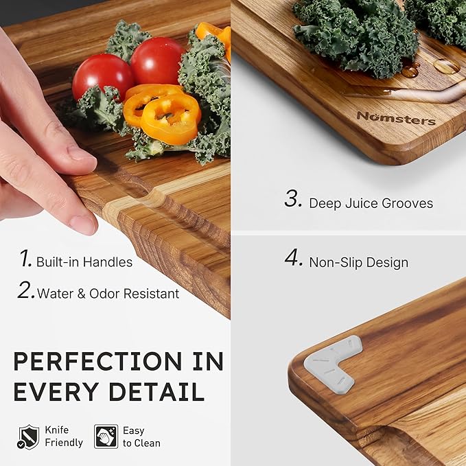 15'' Teak Wood Cutting Board for Kitchen Non Slip Over Sink Charcuterie Board Serving Heavy Duty Non Toxic Wooden Chopping Board Thick Haus Organic Edge Grain Wood Long-Lasting Use