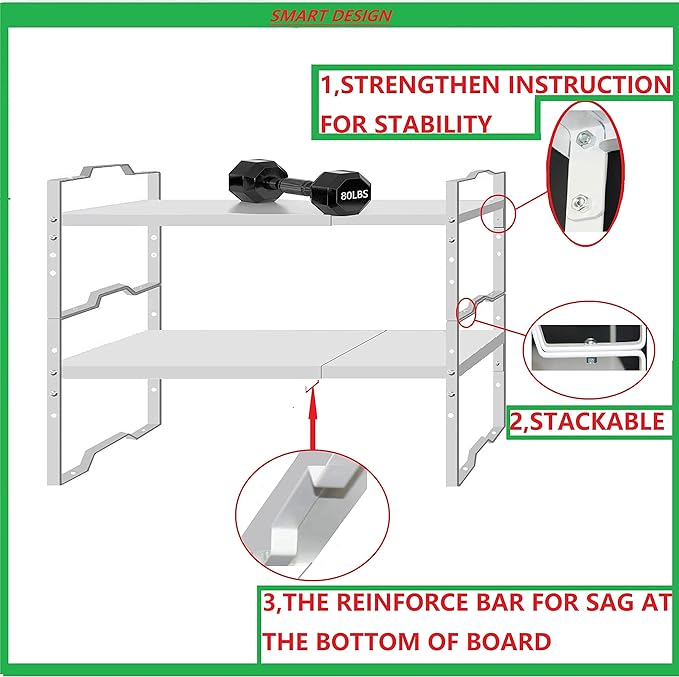 Expandable Shelf for Cabinet Organizer Adjustable Stackable Spice Rack at Kitchen and Bathroom More, Counter Countertop Cupboard Organization Pantry Storage(LARGE/2PACKS/WHITE)