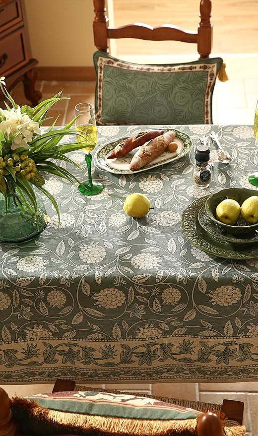 ISAENNE Designer Grayish Green Linen Square Tablecloth,Floral Elegant Stain Resistant Table Cloth,Fall Vintage Decor Tablecloths for Dining Thanksgiving Kitchen Tea Party,67"*67"-Andrew A