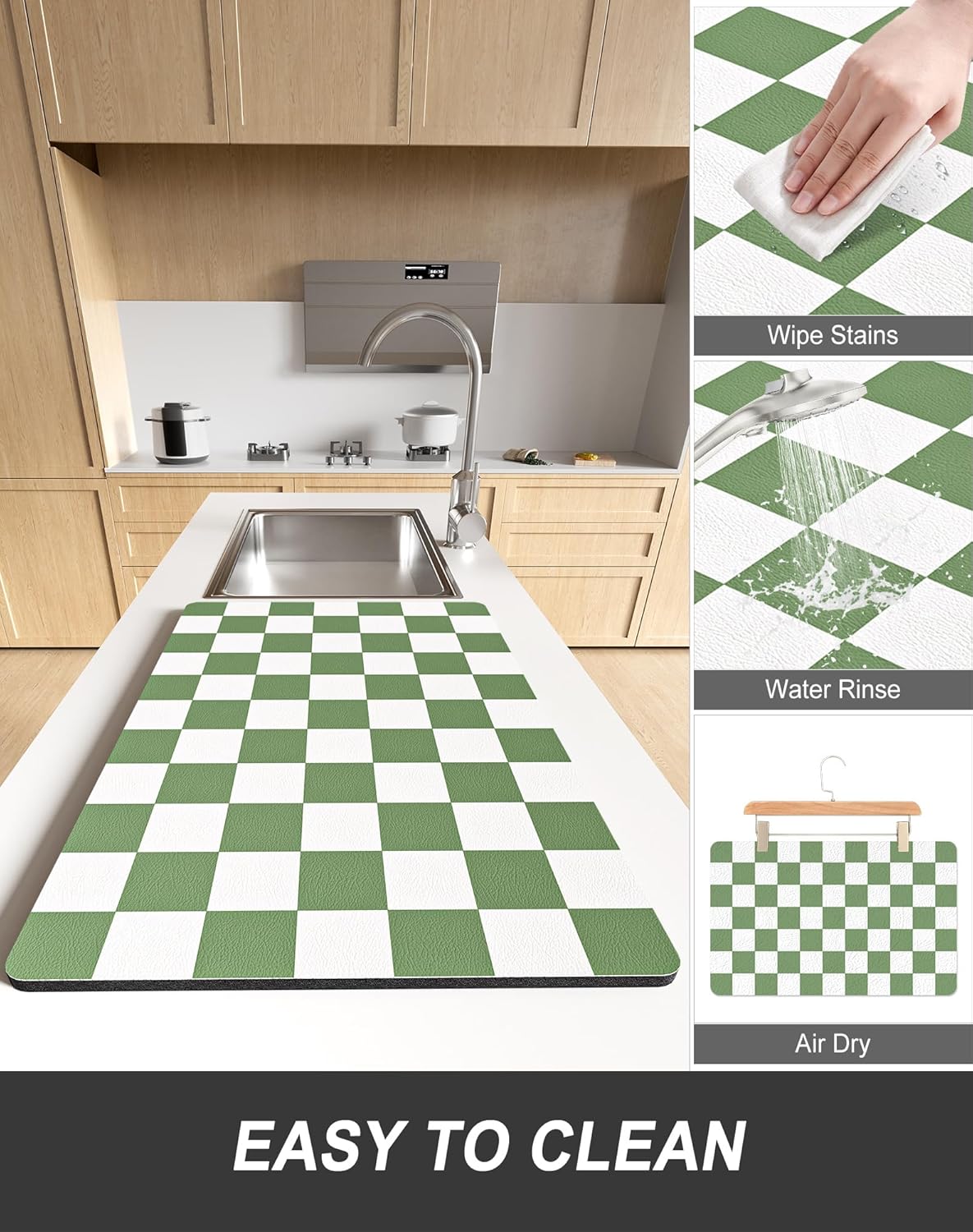 Rnivvi Dish Drying Mat for Kitchen Counter, 12 x 19" Cute Checkered Absorbent Draining Pad, Non-Slip Heat Resistant Coffee Bar Mats for Coffee Machine Station Accessories, Green White Dish Rack Pad