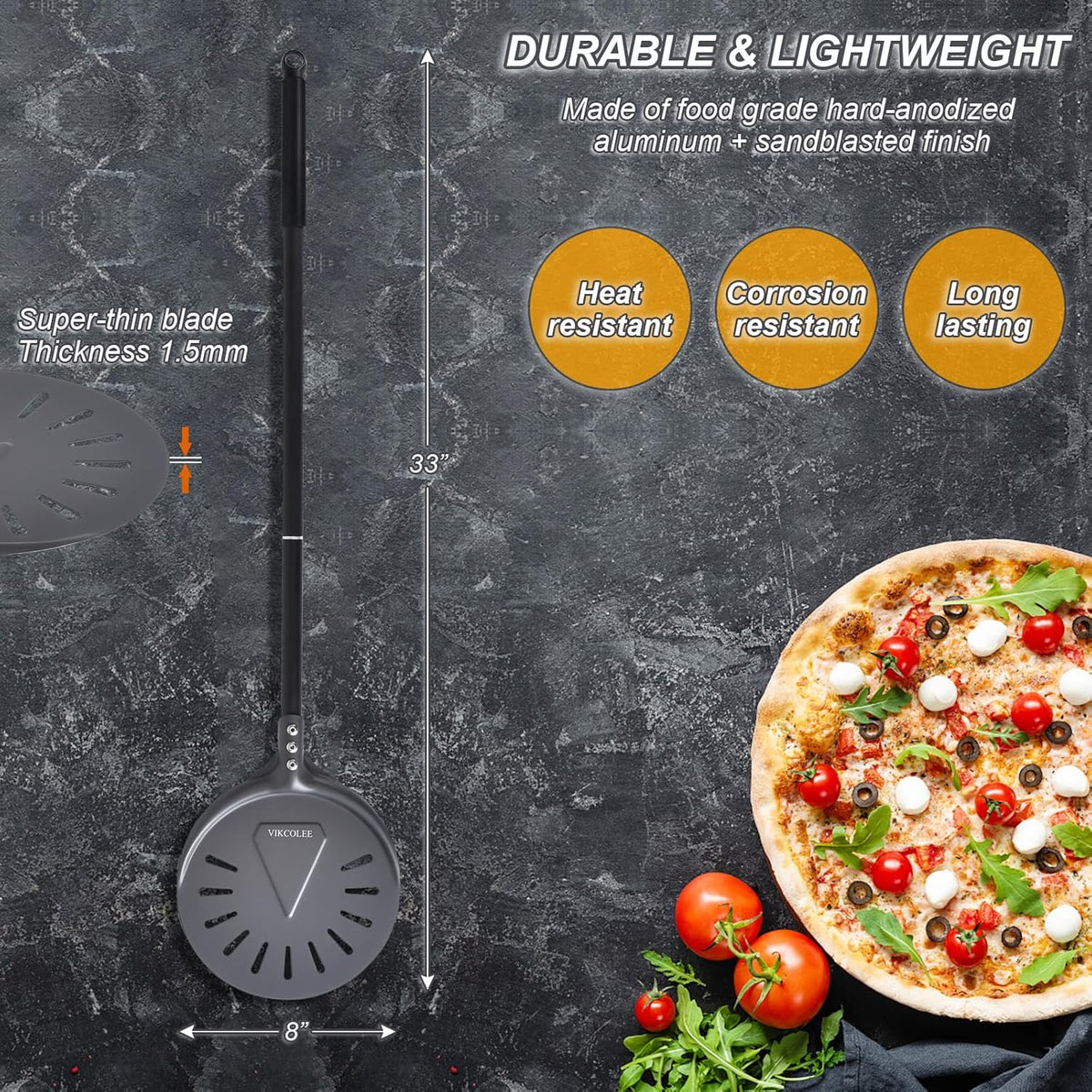 Turning Pizza Peel, 8 Inch with 25 Inch Handle Round Pizza Turning Peel, Professional Anodized Aluminum Turning Pizza Spatula, 33 Inch overall