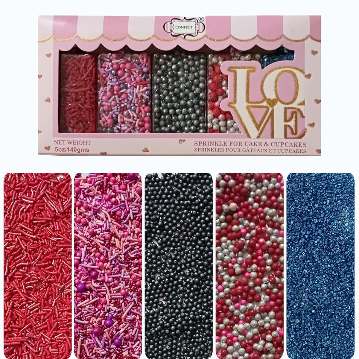 Confect Edible Sprinkles for Cake Decorating - Red Jimmies, Blush Pink Red Gun Metal Silver Pearl Mix with Navy Sparkling Sugar | Vegan, Gluten-Free, Dessert Topping - 5 Oz