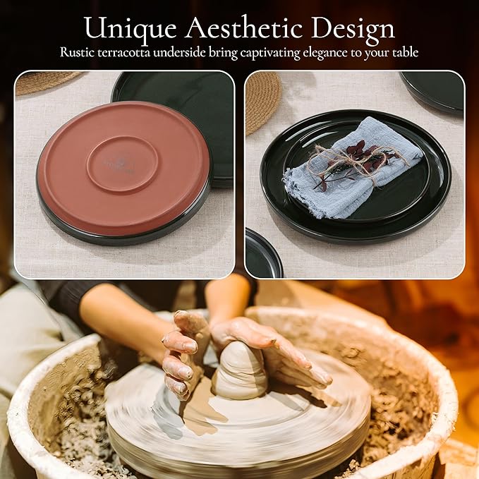 E-far Stoneware Dinnerware Sets for 6, 18 Pieces Reactive Glaze Plates and Bowls Sets, Elegant Dishes with Rustic Terracotta Clay Base, Dishwasher & Microwave Safe, Scratch Resistant, Blackish Green