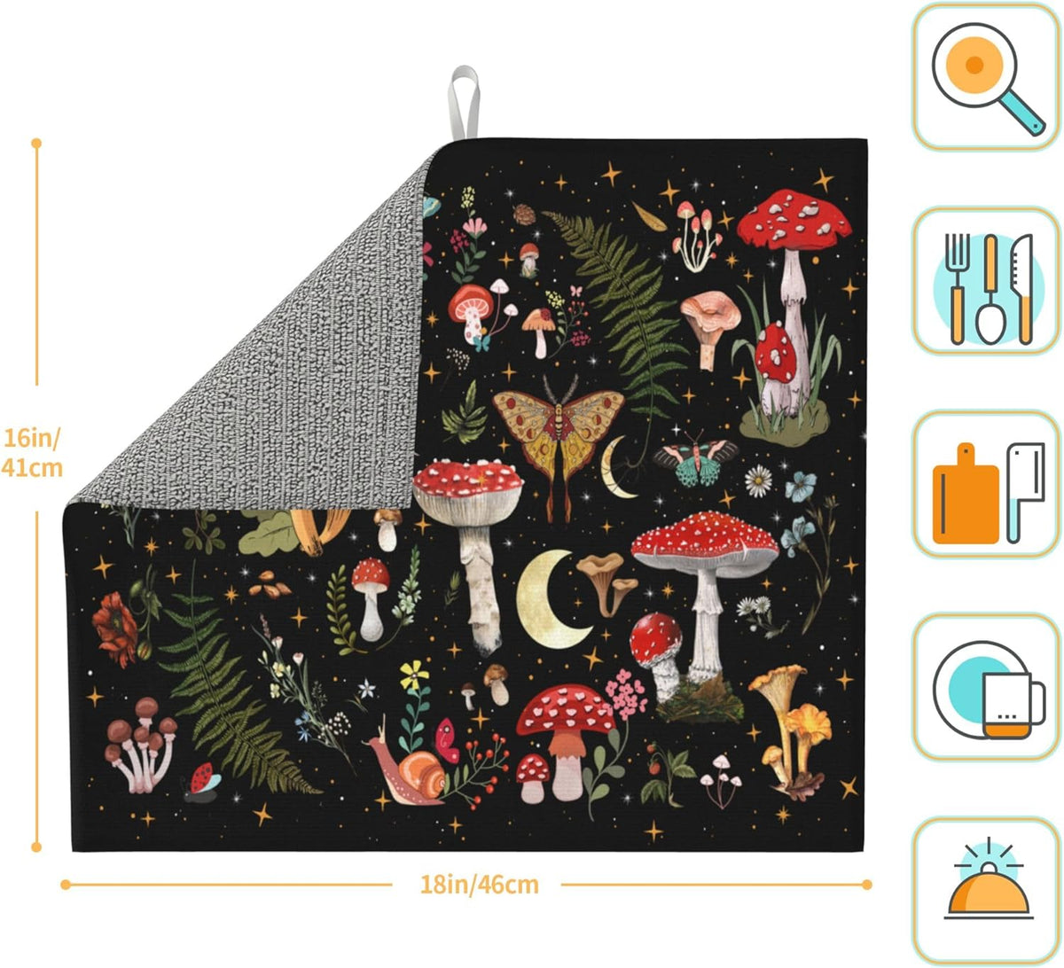 Mushroom Dish Drying Mat for Kitchen Counter Moth Gothic Witchy Dish Drainer Rack Mats 16x18 Inch Absorbent Reversible Black Drying Pad