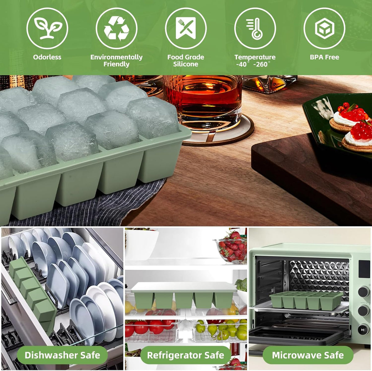 Silicone Ice Cube Tray, 2 Pack Easy-Release Stackable Ice Trays for Freezer with Lid 15 Reusable Cubes, Food Grade BPA Free Ice Molds for Whiskey, Baby Food, Coffee, Cocktail, Drinks (Green)