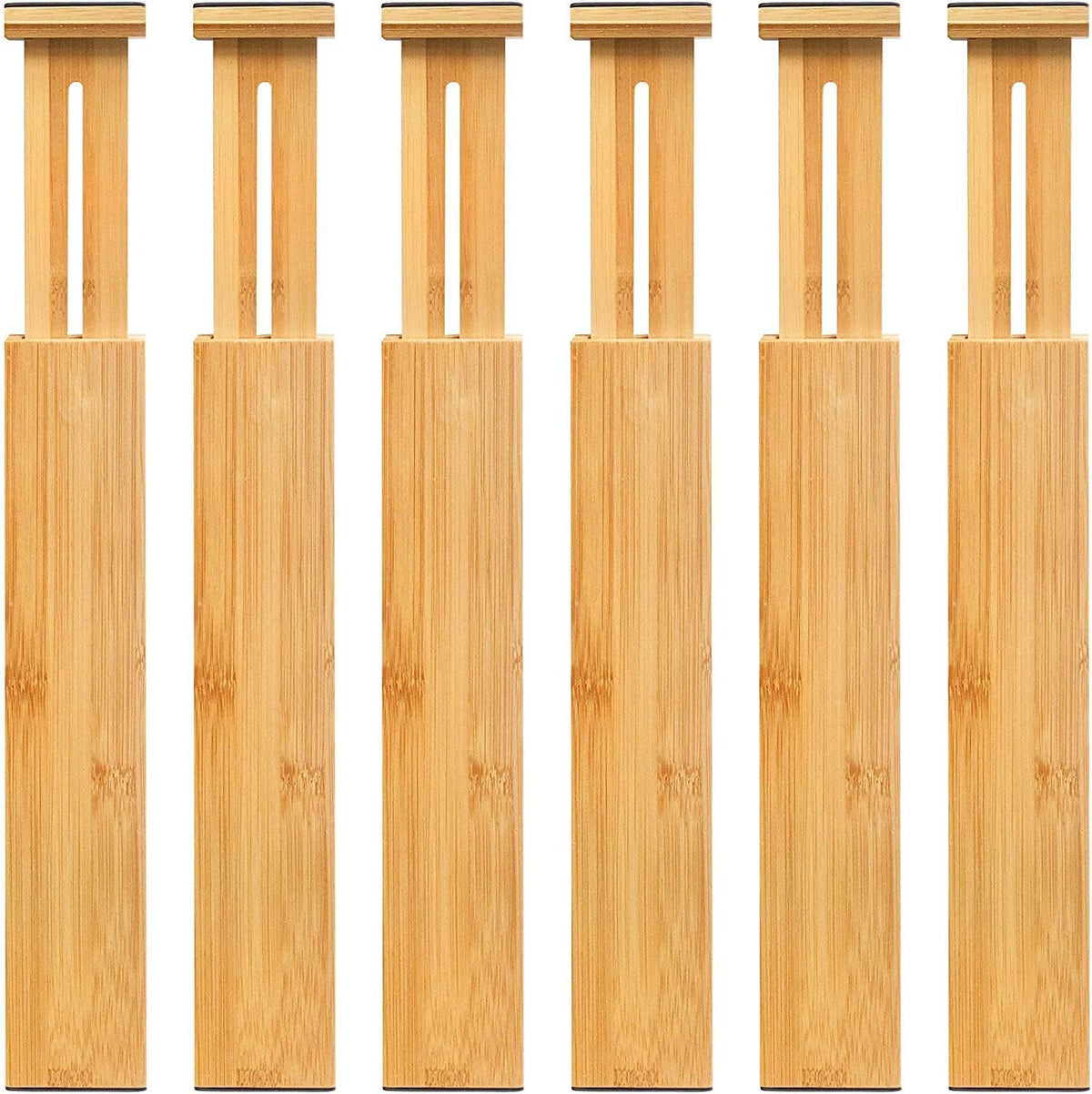 VaeFae 6-Pack Bamboo Drawer Dividers – Adjustable 14"-19.1" (Fits 15"-18" Drawers ONLY), Spring-Loaded Expandable Organizer for Kitchen, Bedroom, Office & Bathroom, MUST MEASURE Before Purchase