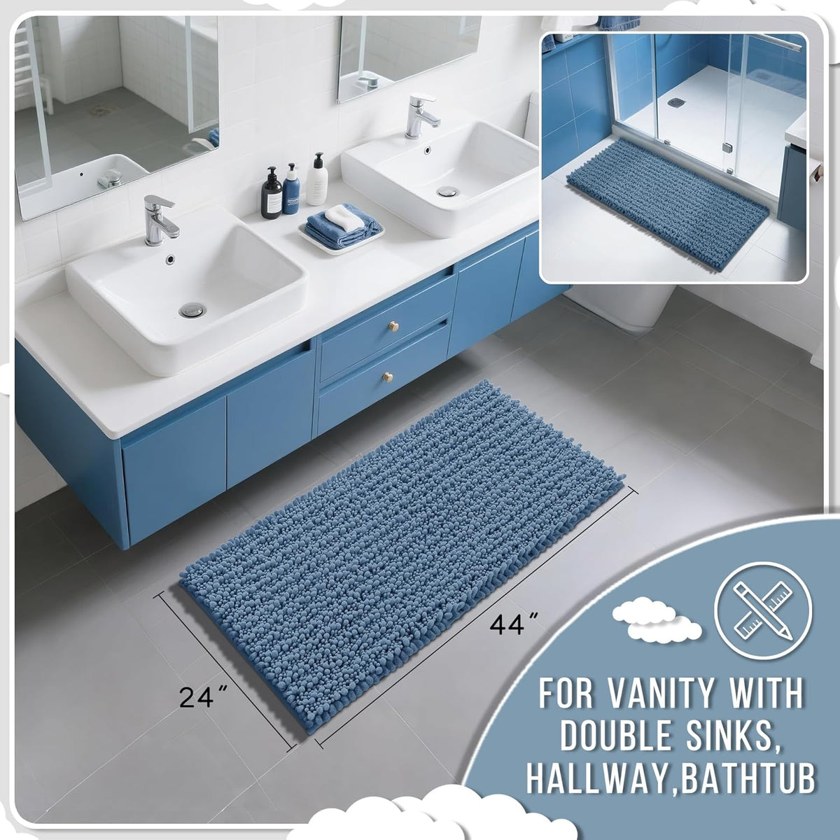 Yimobra Long Bathroom Rugs Non Slip Washable 44x24 Inch - Ultra Soft Absorbent Chenille Bath Mat, Quick Dry Shaggy Floor Carpet for Tub Shower, Denim Blue Home Decor Accessories