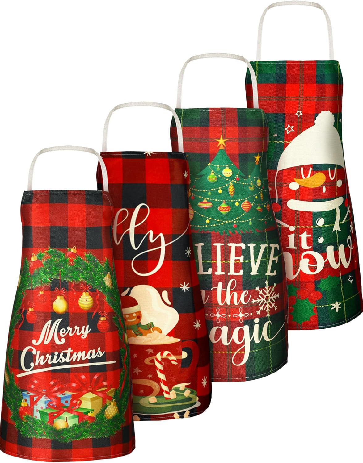SATINIOR 4 Pcs Christmas Aprons Adjustable Kitchen Cooking Aprons Xmas Buffalo Plaid Merry Christmas BBQ Bib for Adults