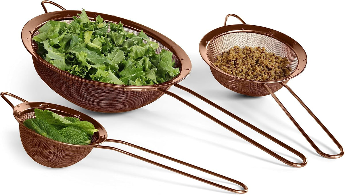 Strainer Set Fine Mesh – Premium 304 Stainless Steel (18/8) – 8″, 5.5″ and 3.3″ Sturdy Kitchen Strainers (Copper)