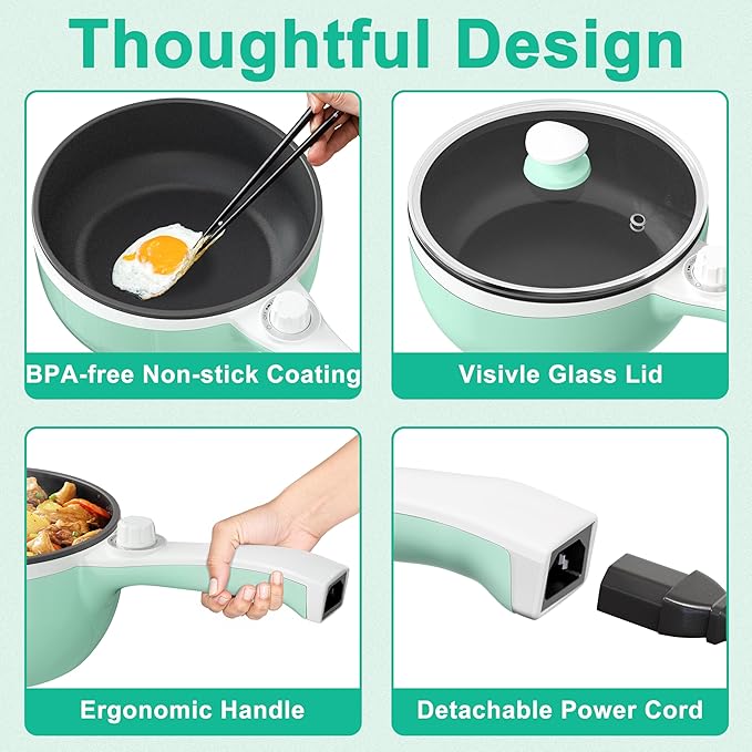 Dezin Hot Pot Electric Upgraded, Non-Stick Sauté Pan, Rapid Noodles Electric Pot, 1.5L Mini Portable Hot Pot for Steak, Egg, Fried Rice, Ramen, Oatmeal, Soup with Power Adjustment