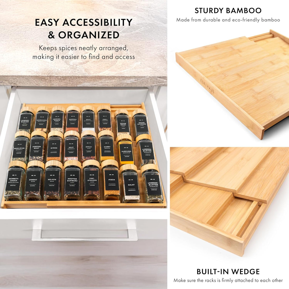 Bamboo Spice Drawer Organizer - Expandable 4 Tier Spice Rack (Need 3" Deep Drawer) 12" to 24" Wide, Seasoning Organizer, Organization Seasoning Rack insert (Jars Not Included)