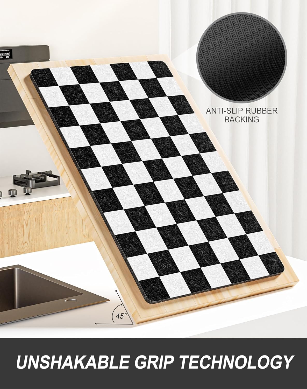 Rnivvi Dish Drying Mat for Kitchen Counter, 12 x 19" Cute Checkered Absorbent Draining Pad, Non-Slip Heat Resistant Coffee Bar Mats for Coffee Machine Station Accessories, Black White Dish Rack Pad