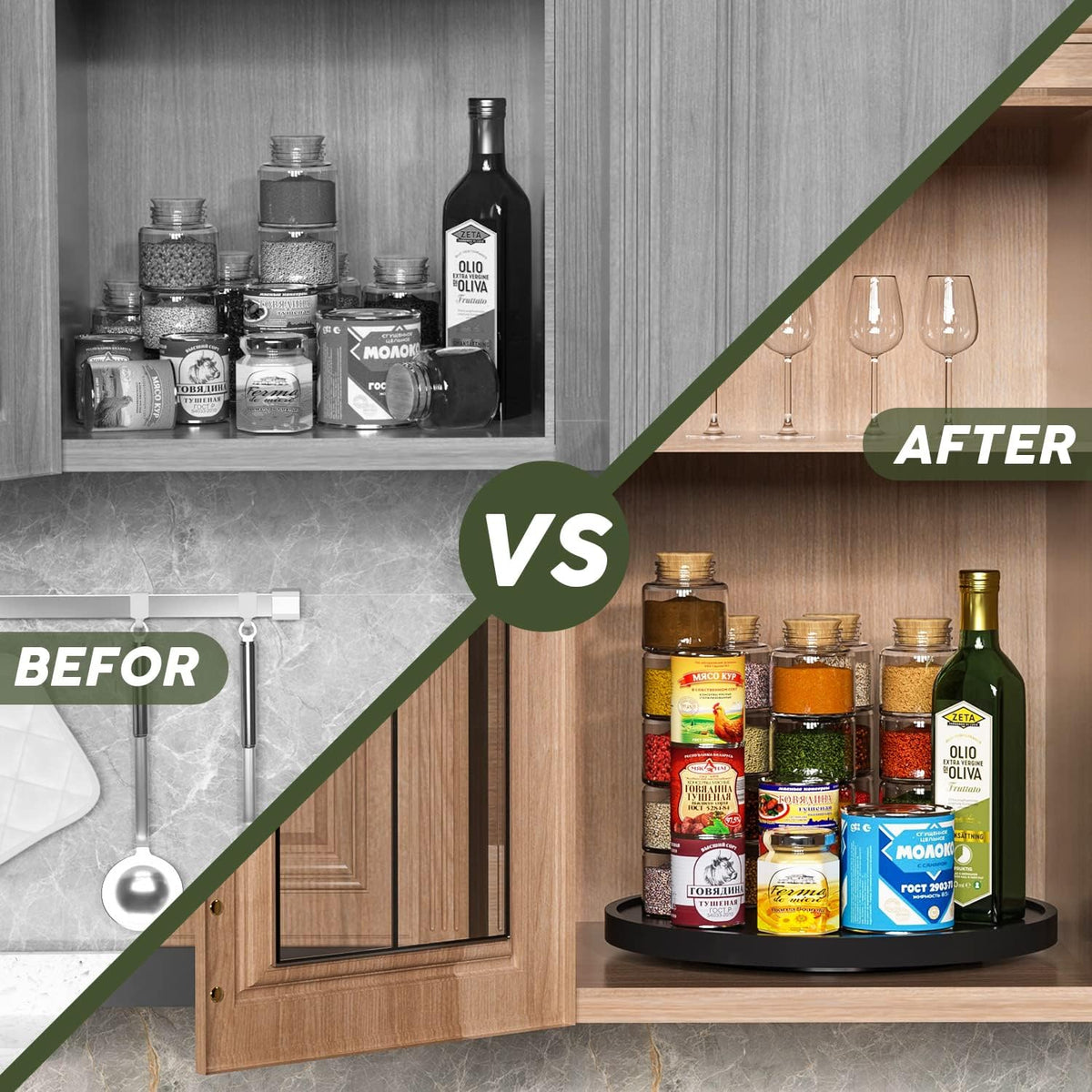 Lazy Susan Organizer, 13.2 Inch Non-Skid Bamboo Lazy Susan for Kitchen Table cabinets Closets and Kitchen Islands, Wood Turntable for Kitchen Countertop Organizer Black