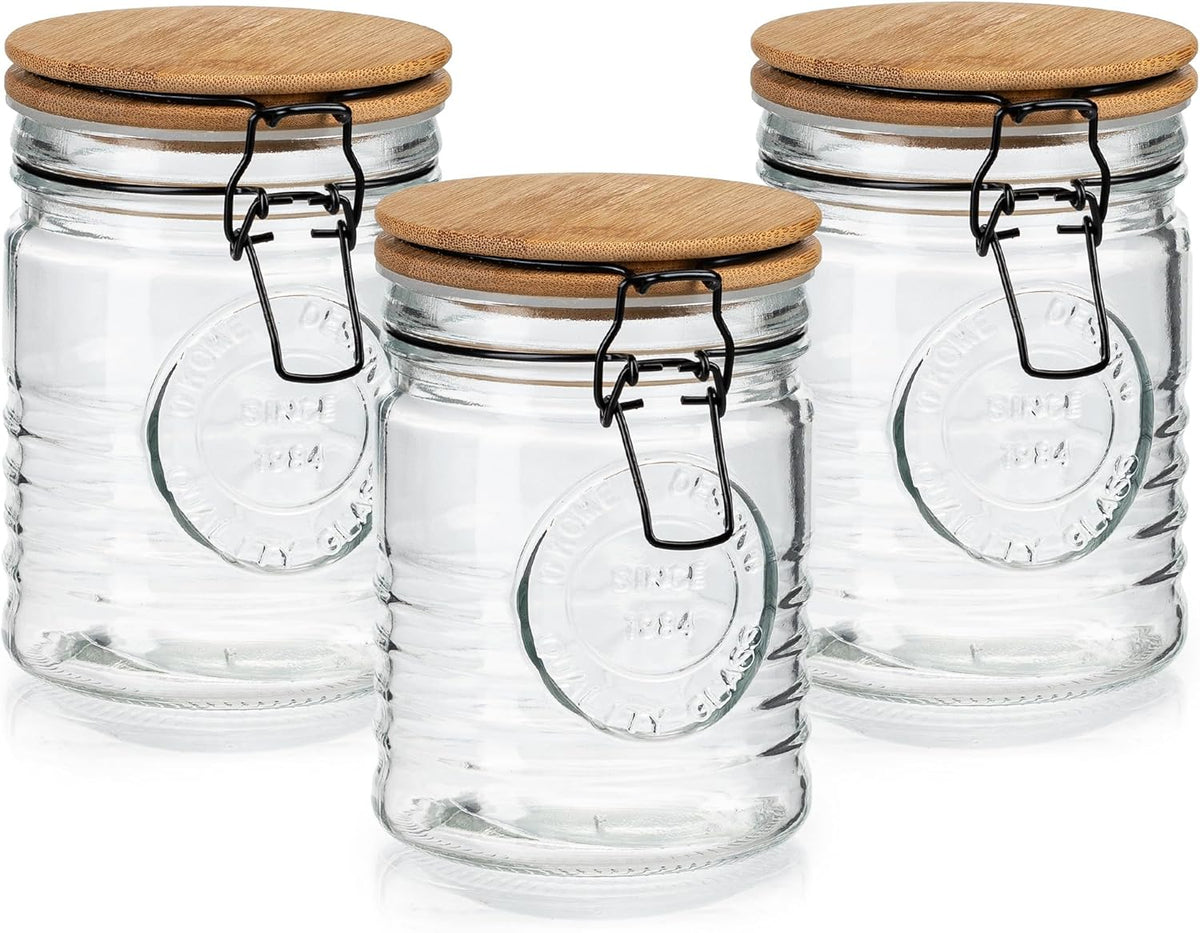 kitchentoolz Glass Storage Jars with Airtight Lids - Set of 3 Mason Storage Containers for Cereal, Coffee & Rice - 23 Ounce Pantry Organizing Canister Set