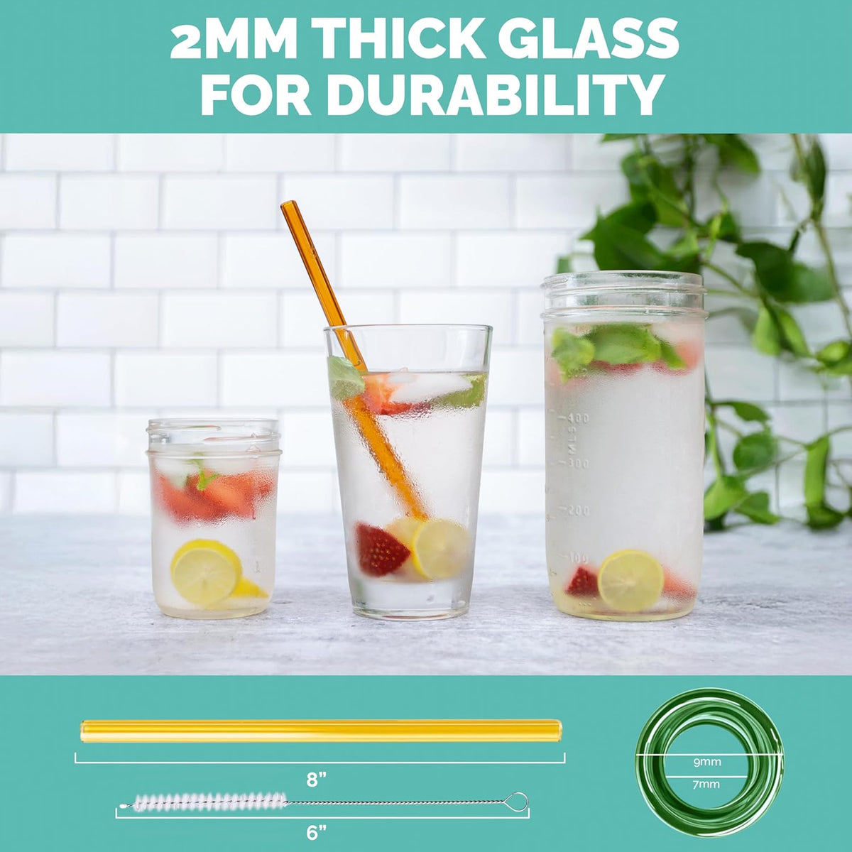 Simply Straws 8 Inch Glass Straws Straight (6-Pack) – Reusable Glass Straws for Pints & Juice Drinkware, with Cleaning Brush – Dishwasher Safe, Hot & Cold Use, BPA-Free (Fjord Mist)