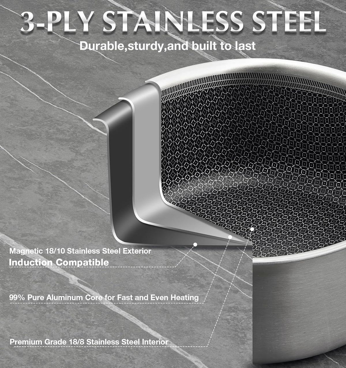 KOCH SYSTEME CS Hybrid Nonstick Stainless Steel Sauce Pan with Steamer Insert, 18/10 Steel 2QT Sauce Pan with Lid, Triple Stainless Steel Pot with Honeycomb Interior, Induction Compatible & Oven Safe