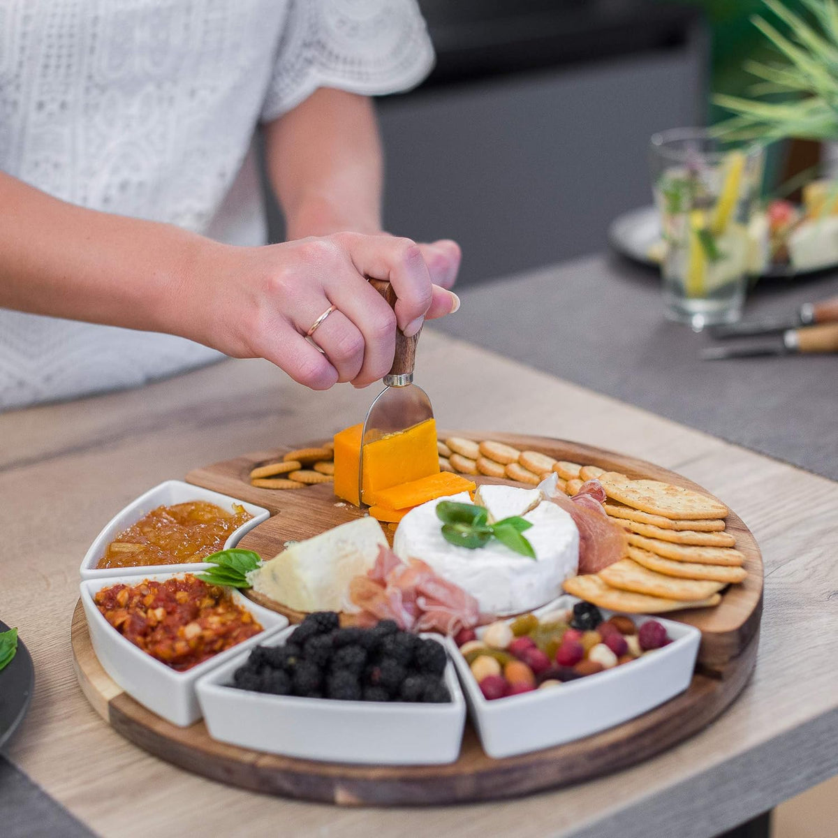 Cheese Board Set - Charcuterie Board Set and Cheese Serving Platter - Made from Acacia Wood - Mothers Day Gifts Optimal - US Patented 13 inch Cheese Board and Knife Set for Entertaining and Serving
