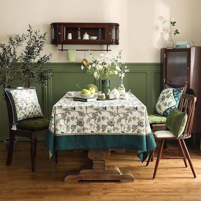 patdrea Designer Green Small Linen Table Cloth for Rectangle Table,Vintage Floral Pattern Durable Tablecloth,French Cover Decor for Kitchen Dining,Christmas,Thanksgiving,Tea Party,55"x71"-Noah
