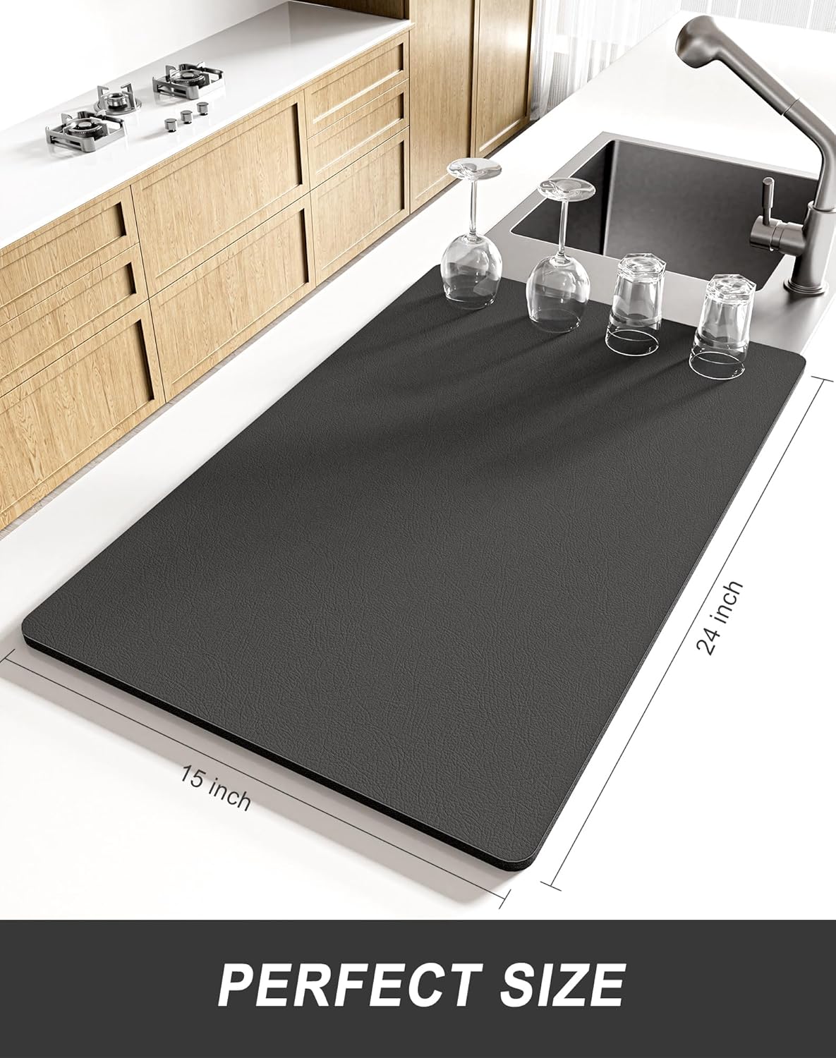 Rnivvi Dish Drying Mat for Kitchen Counter, XL 15 x 24" Super Absorbent Drainer Pad Easy Clean Dish Rack Pad, Non-Slip Heat Resistant Coffee Bar Mats for Coffee Machine Station Accessories Decor, Gray