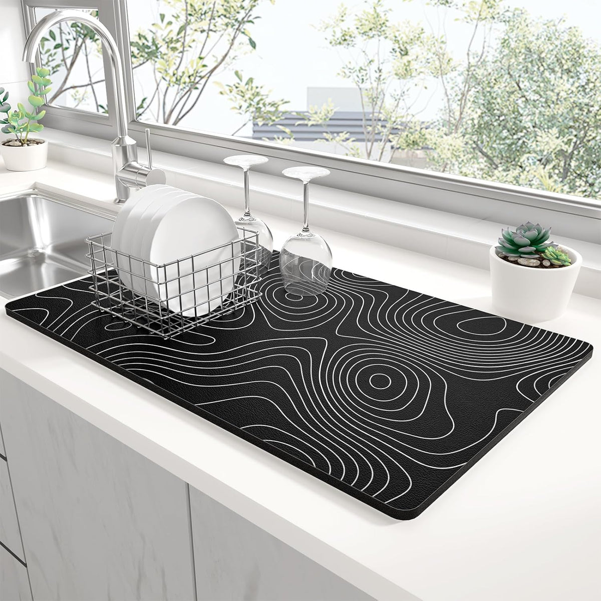 Rnivvi Dish Drying Mat for Kitchen Counter, 12 x 19" Cute Marble Super Absorbent Draining Pad, Non-Slip Heat Resistant Coffee Bar Mats for Coffee Machine Station Accessories, Line Art Dish Rack Pad