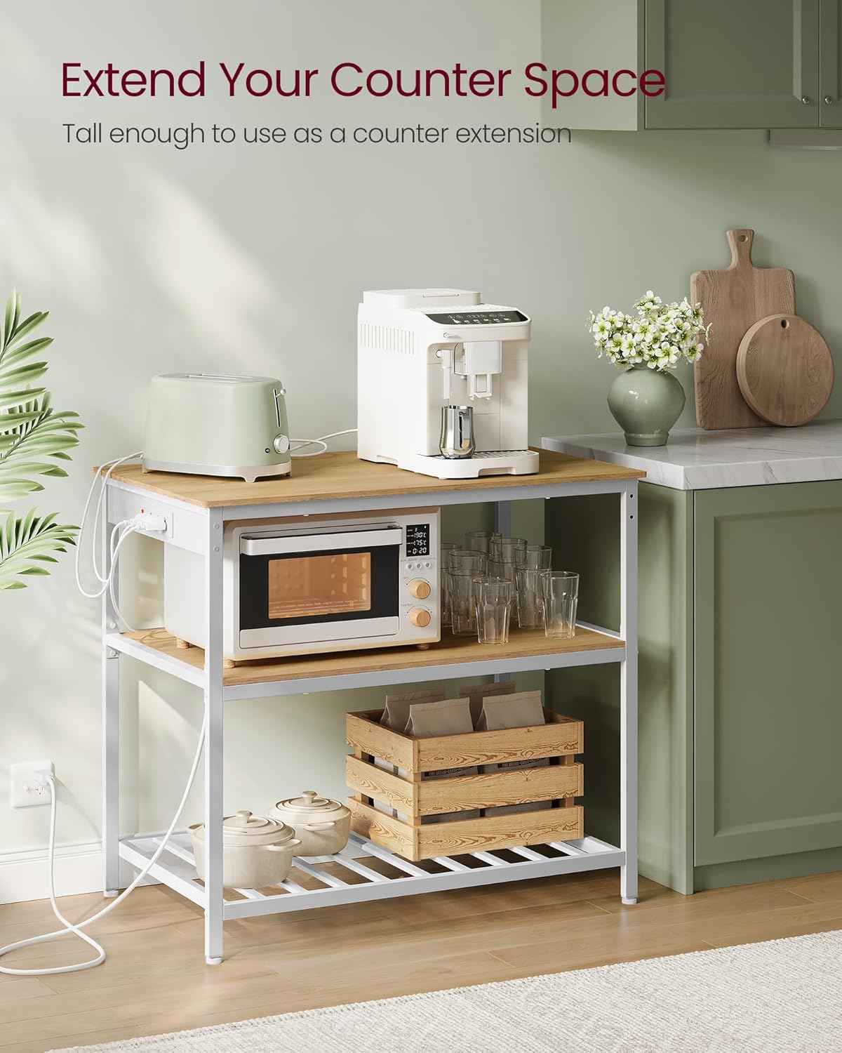 VASAGLE Kitchen Island with 3 Shelves, Kitchen Shelf with Power Strip, 23.6 x 39.4. x 34.9 Inches, Large Worktop, Steel Structure, Industrial, Easy to Assemble, Oak Color and White UKKI105Y01