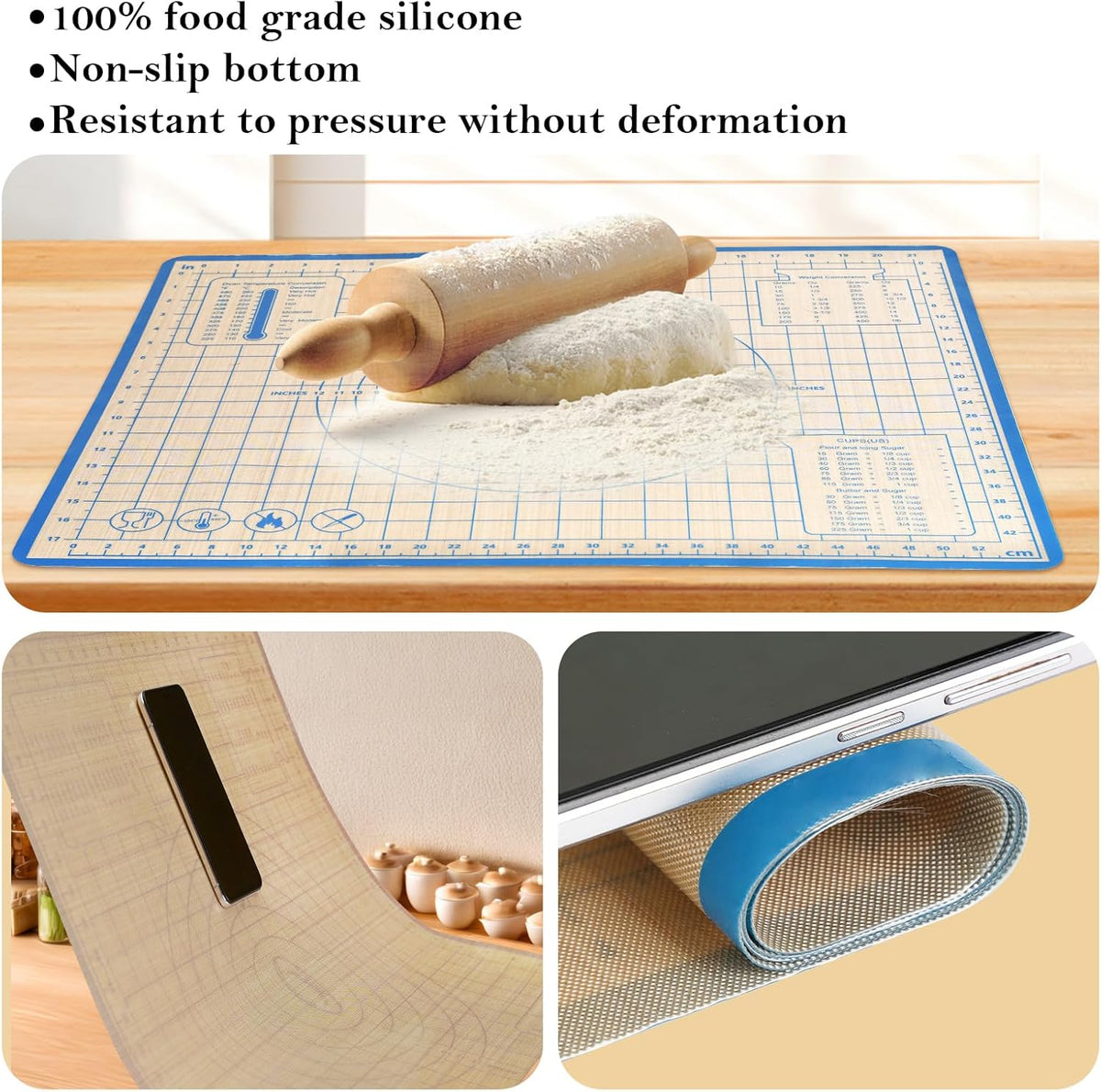 Silicone Baking Mat,28in×20in & 16in×12in Pastry Mat,Measuring Non-slip Dough mat Mats for Baking,Kneading Dough,Table Mats Blue (2Pack)