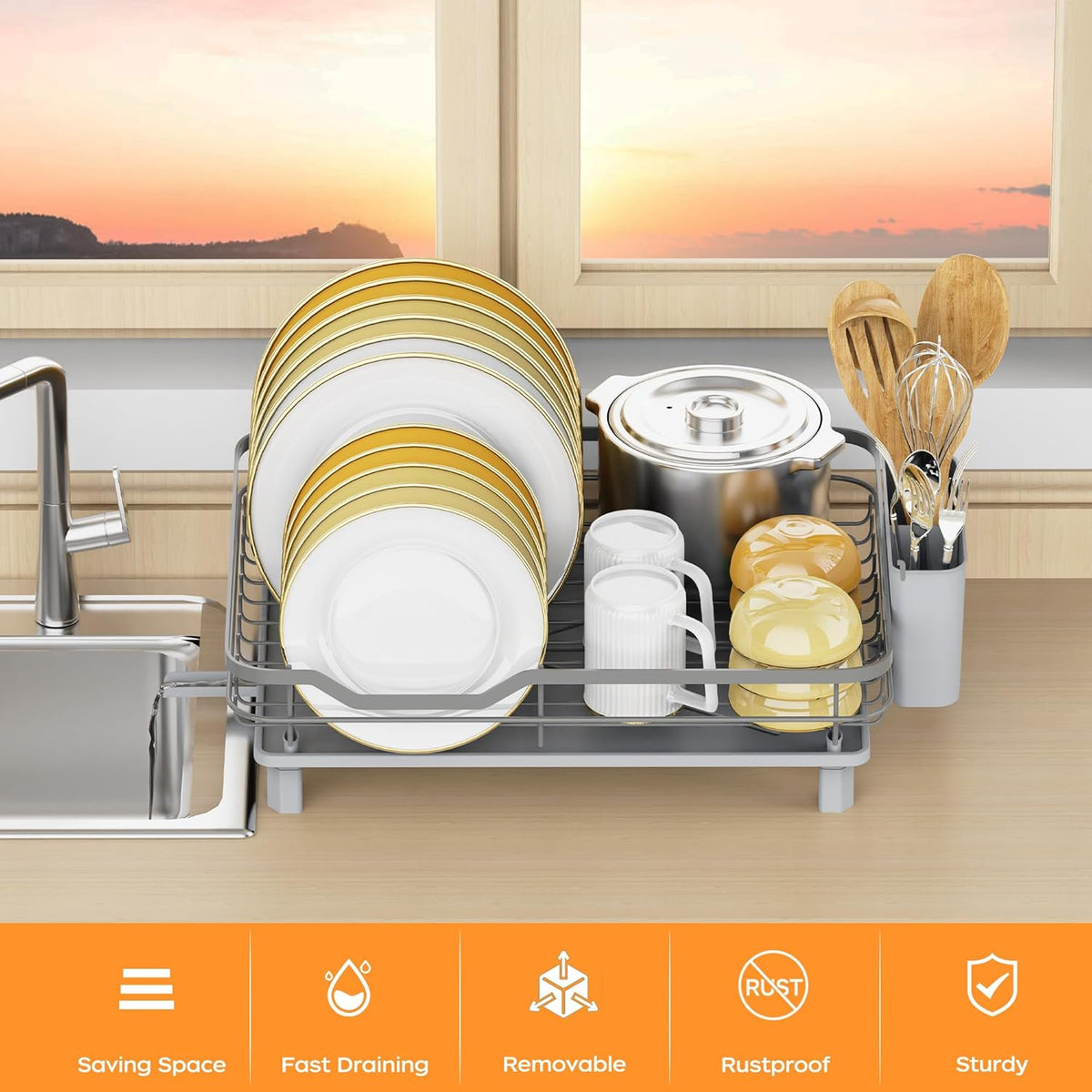 Dish Drying Rack, Stainless Steel Rustproof Dish Rack for Kitchen Counter, Sturdy Dish Drainer with Drainboard, Drainage, Utensil Holder for Various Kitchenware, 16.2"(L) x 12.6"(W), Grey