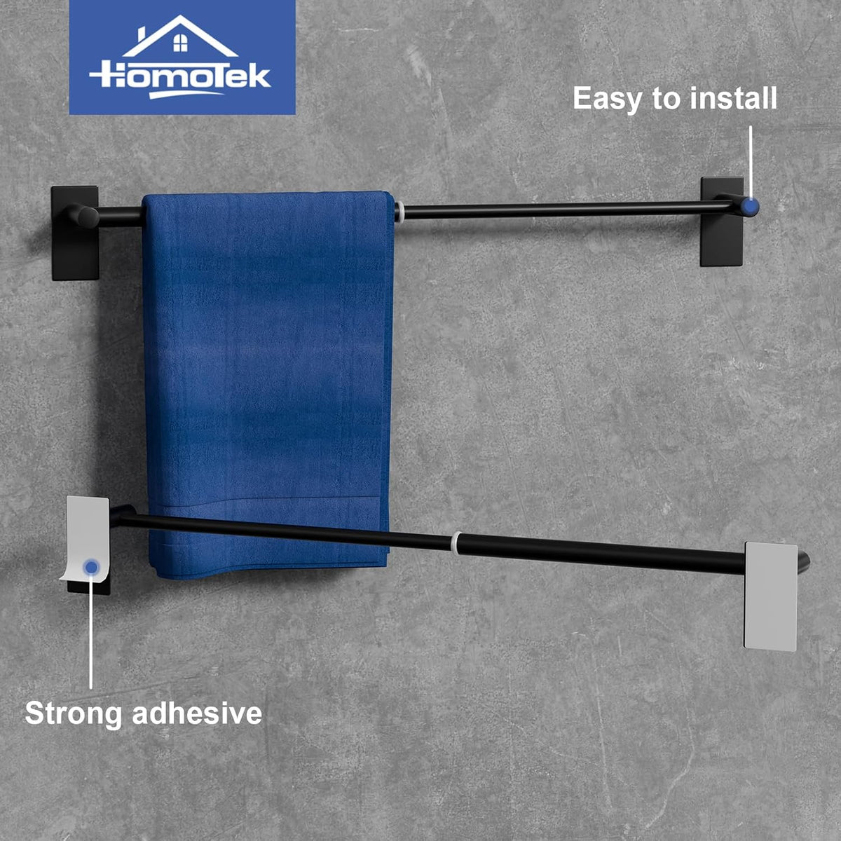 Adhesive Adjustable Towel Bar, HOMOTEK Economical Self Stick Towel Holders, Towel Rod Size from 12 Inch to 22 Inch Single Towel Racks, Towel Hanger Hook for Kitchen(1 Pack Matte Black)