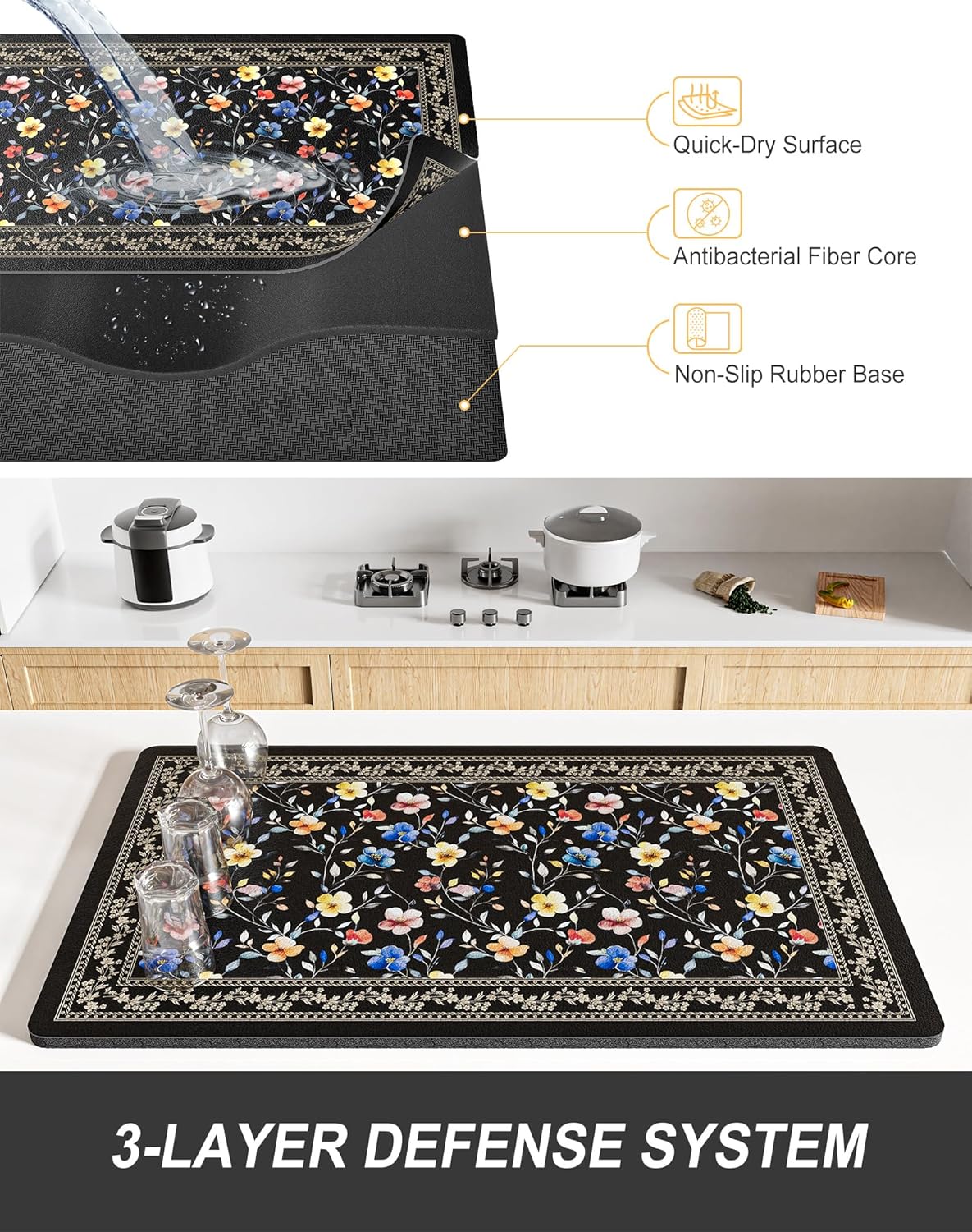 Rnivvi Dish Drying Mat for Kitchen Counter, 12 x 19" Cute Flower Theme Super Absorbent Draining Pad, Non-Slip Heat Resistant Coffee Bar Mat for Coffee Machine Station Accessories, Retro Dish Rack Pad