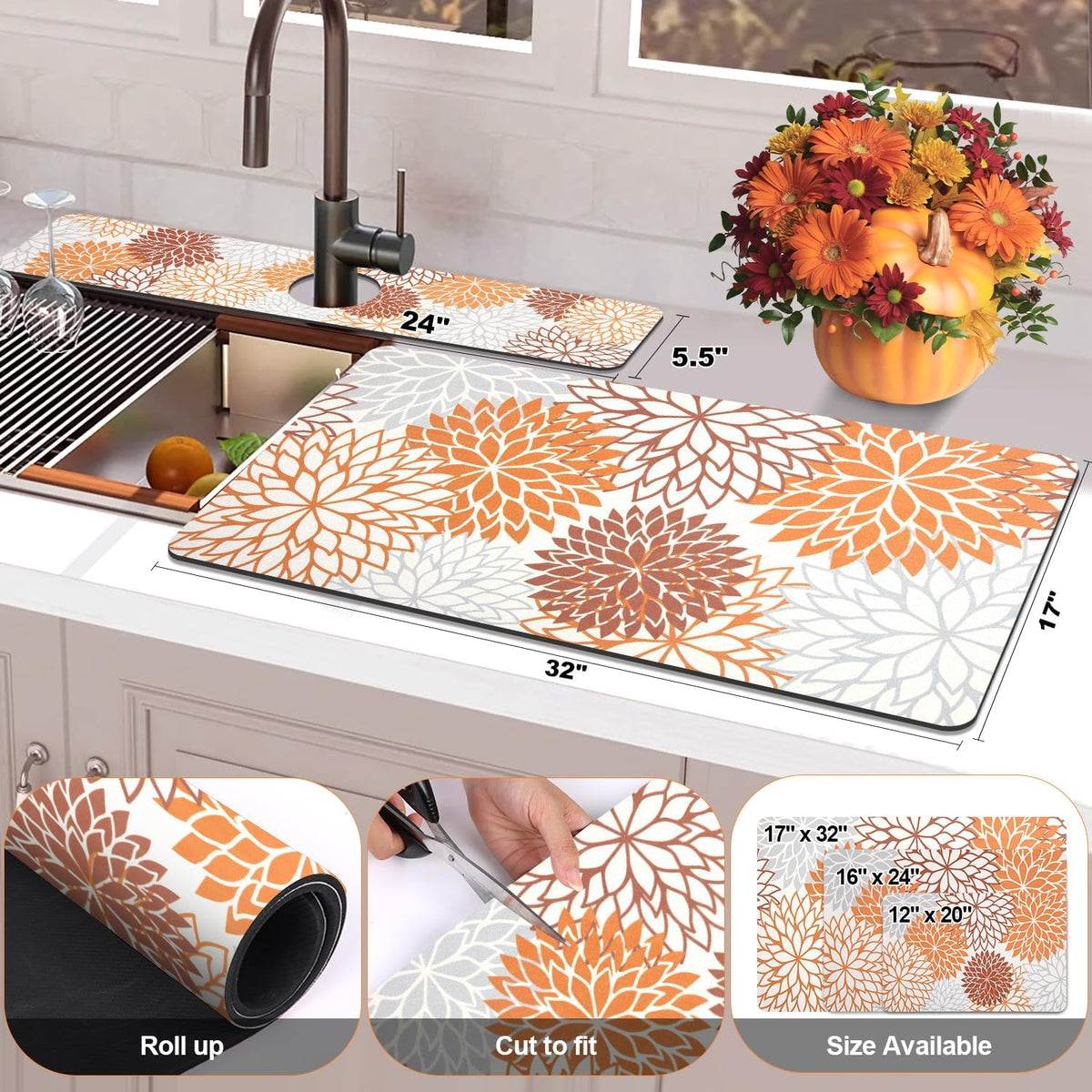Findosom 2PCS 17" x 32" Dish Drying Mat & 24" x 5.5" Sink Splash Guard, Super Absorbent & Cuttable Dish Mat Drying Kitchen Mat with Orange Floral, Hide Stain Drying Mat for Kitchen Counter