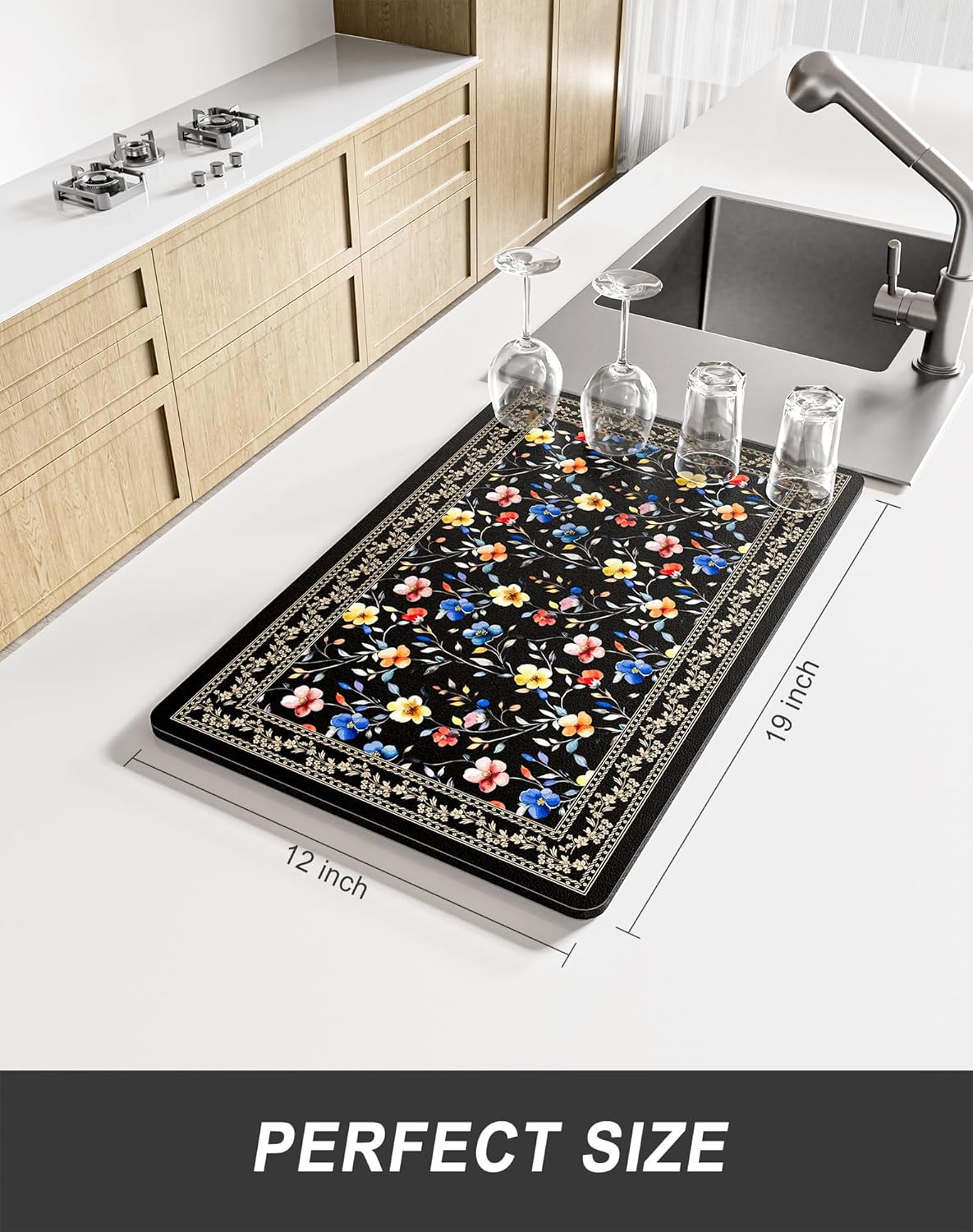 Rnivvi Dish Drying Mat for Kitchen Counter, 12 x 19" Cute Flower Theme Super Absorbent Draining Pad, Non-Slip Heat Resistant Coffee Bar Mat for Coffee Machine Station Accessories, Retro Dish Rack Pad