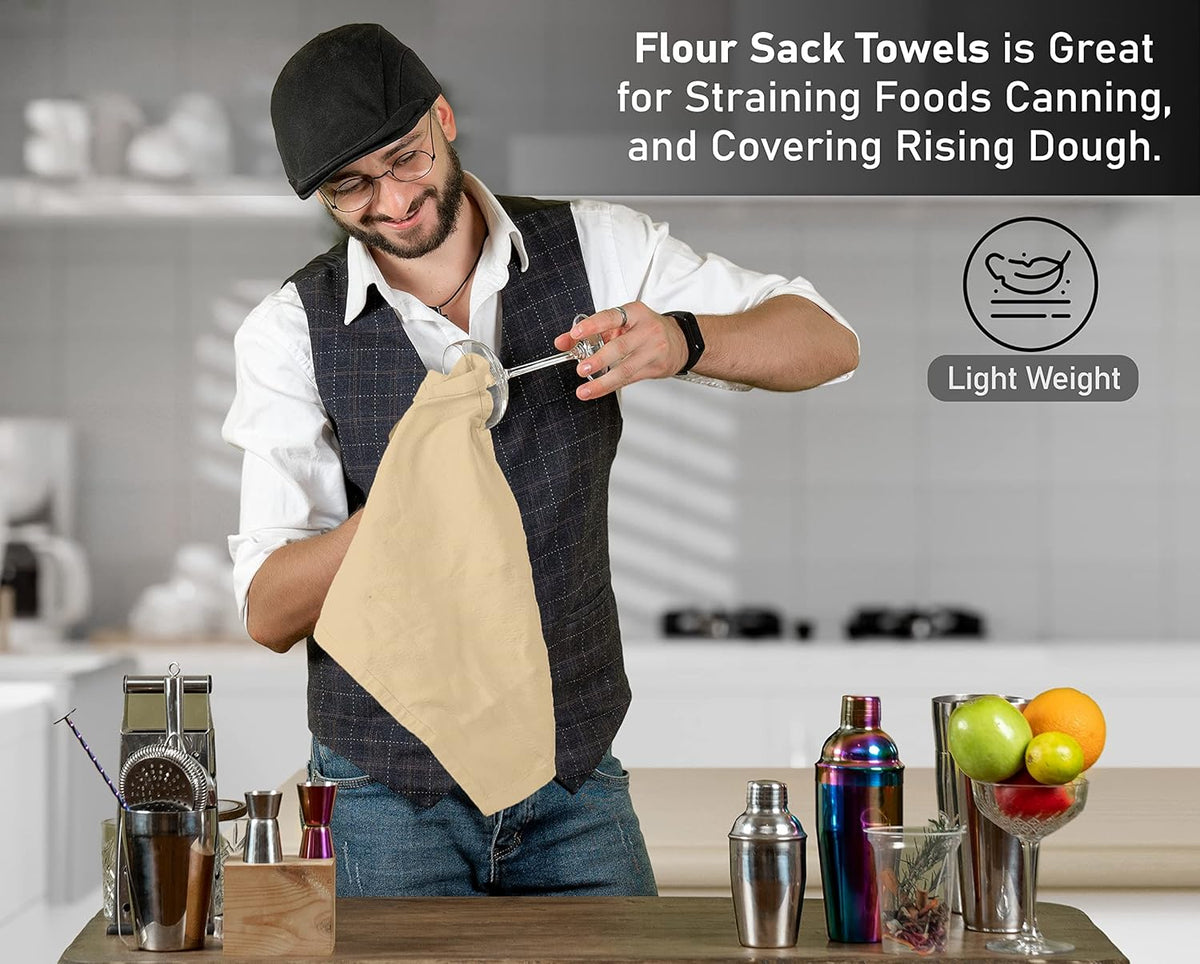 RUVANTI Flour Sack Towels 24 Pack 28x28 Inch, 100% Cotton Tea Towel, Reusable, Machine Washable, Absorbent BarTowels - Dish Cloth Perfect for Drying Dishes & Cleaning - Camel