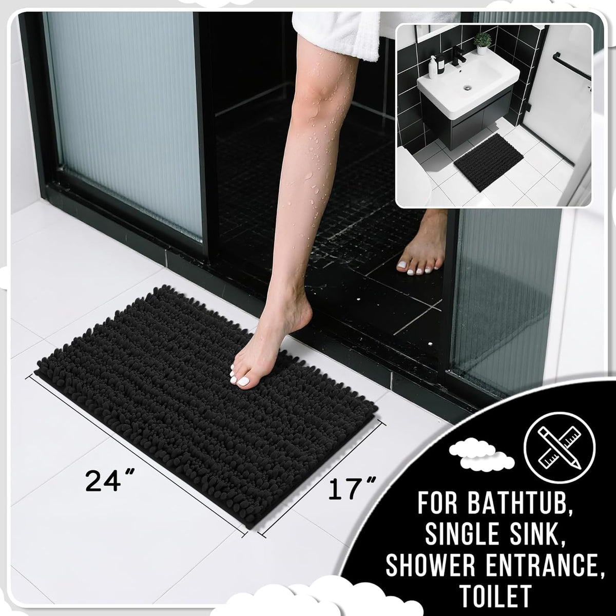 Yimobra Bathroom Rugs Non Slip Washable 24x17 Inch - Ultra Soft Absorbent Chenille Bath Mat, Quick Dry Shaggy Floor Carpet for Tub Shower, Black Home Decor Accessories