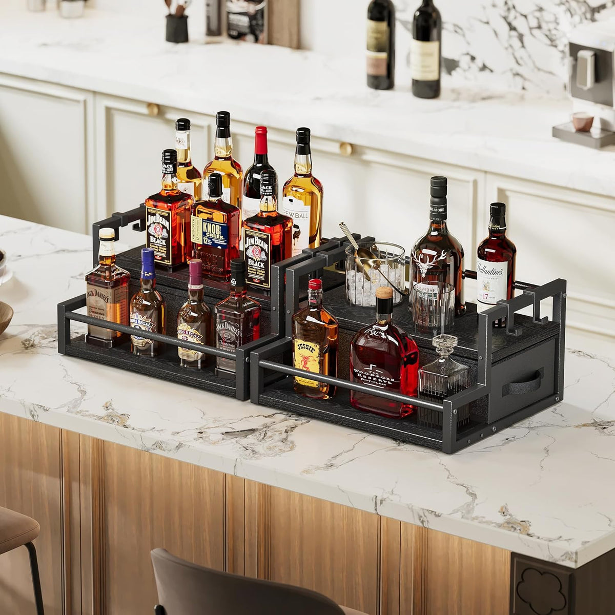 Homeiju Coffee Syrup Organizer Rack, 2-Tier Bottle Coffee Bar Accessories, Holder Stand with K Cup Storage Drawer for Coffee bar, Wine Rack, Storage Shelves for Syrup. (Black)