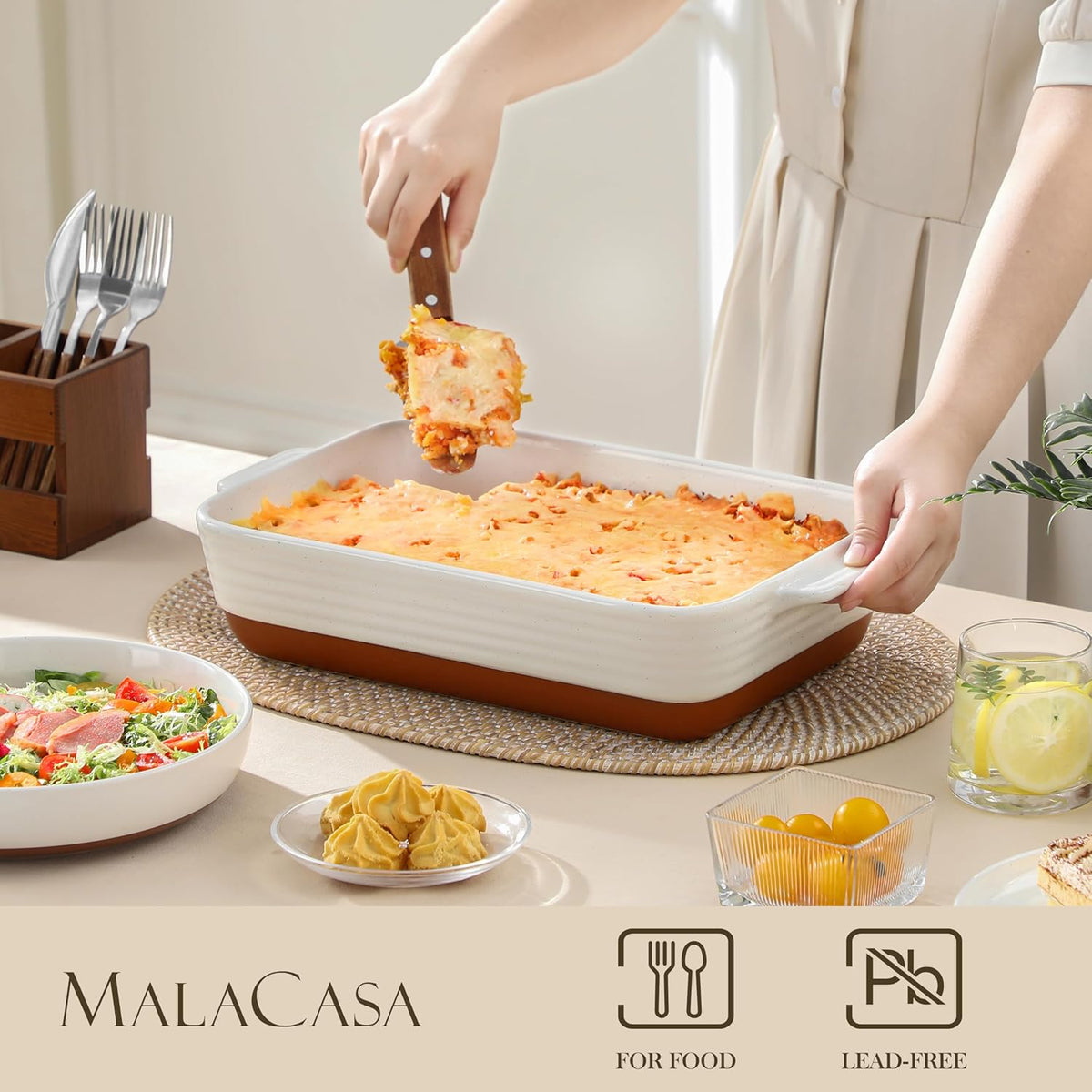 MALACASA Baking Dish with Rack, 4.8 Qt Ceramic Roasting Pan with Stainless Steel Drip Rack, 9x13 Inch Deep Casserole Dish with Handles, Oven Safe Lasagna Pan for Baking & Serving (Khaki & White) - Series Tara