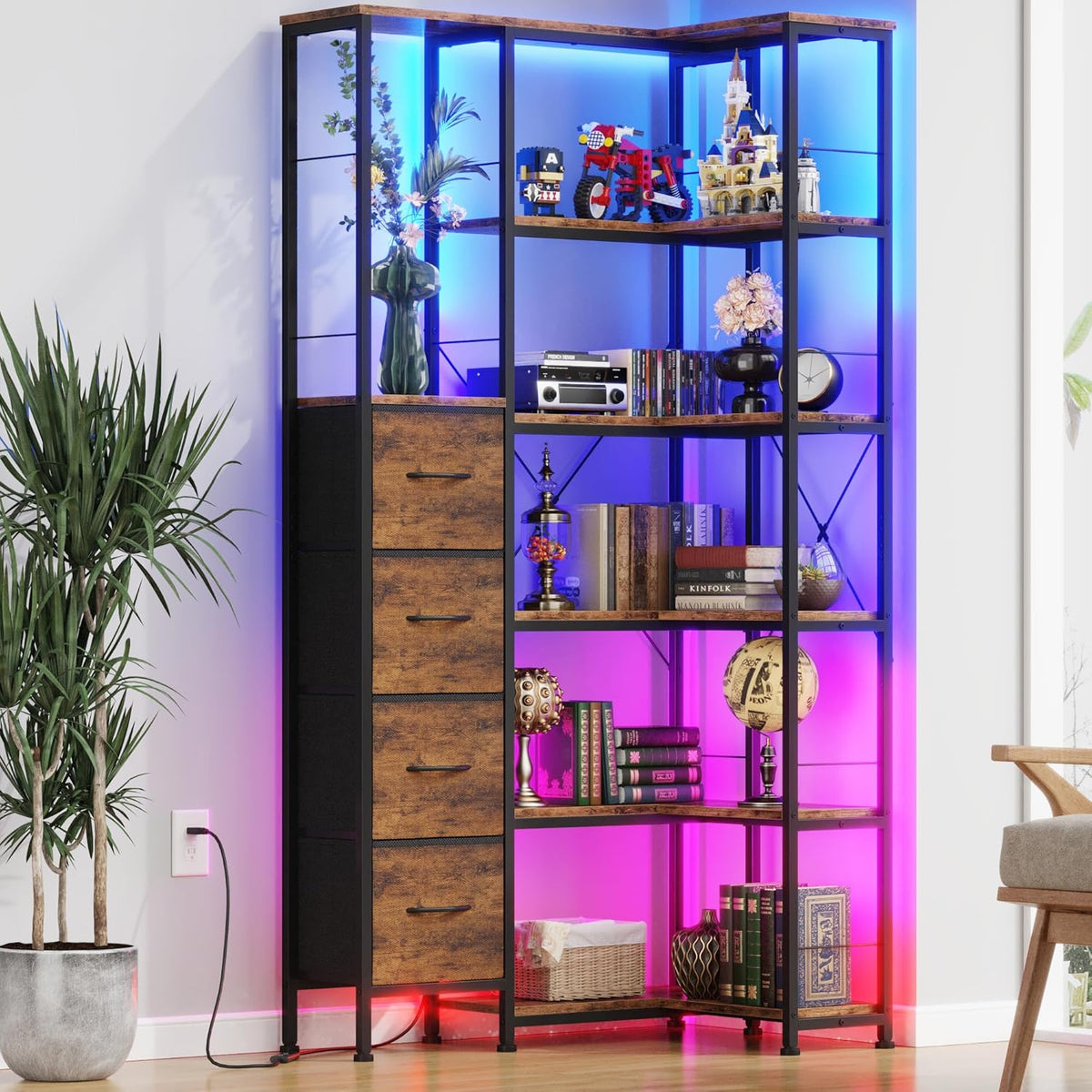 Corner Bookshelf with LED Light Strips & 4 Fabric Drawers, 6-Tier Convertible Corner Shelf with Display Shelf, Large Wood Industrial Bookcase for Living Room, Bedroom, Home Office, Rustic Brown