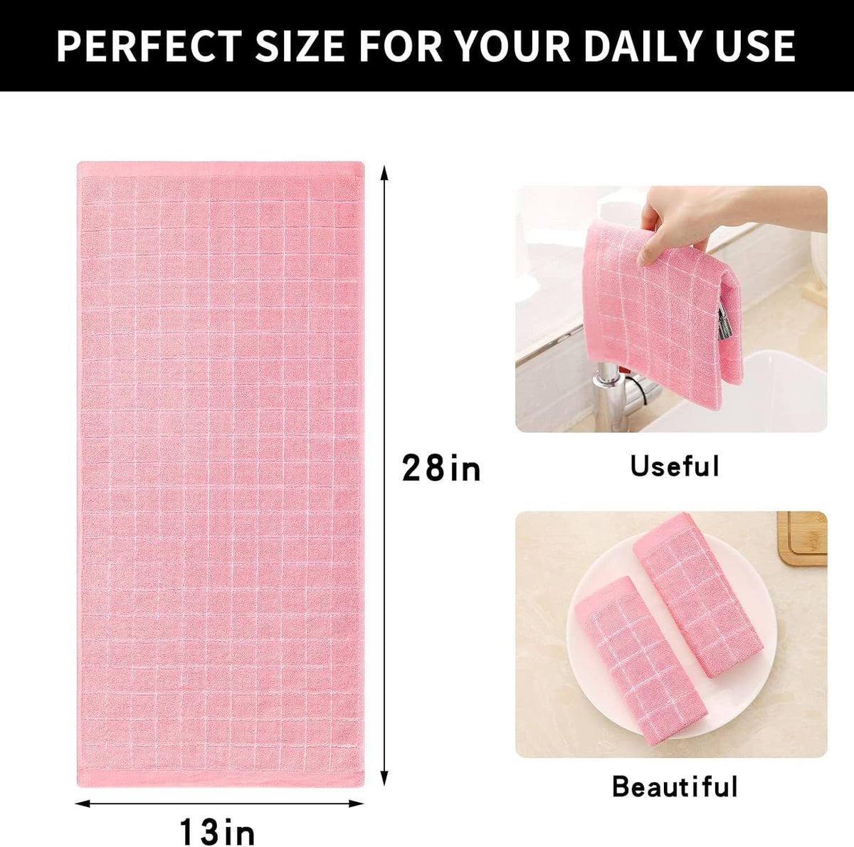 Homaxy 100% Cotton Terry Kitchen Towels(Pink, 13 x 28 inches), Checkered Designed, Soft and Super Absorbent Dish Towels, 12 Pack