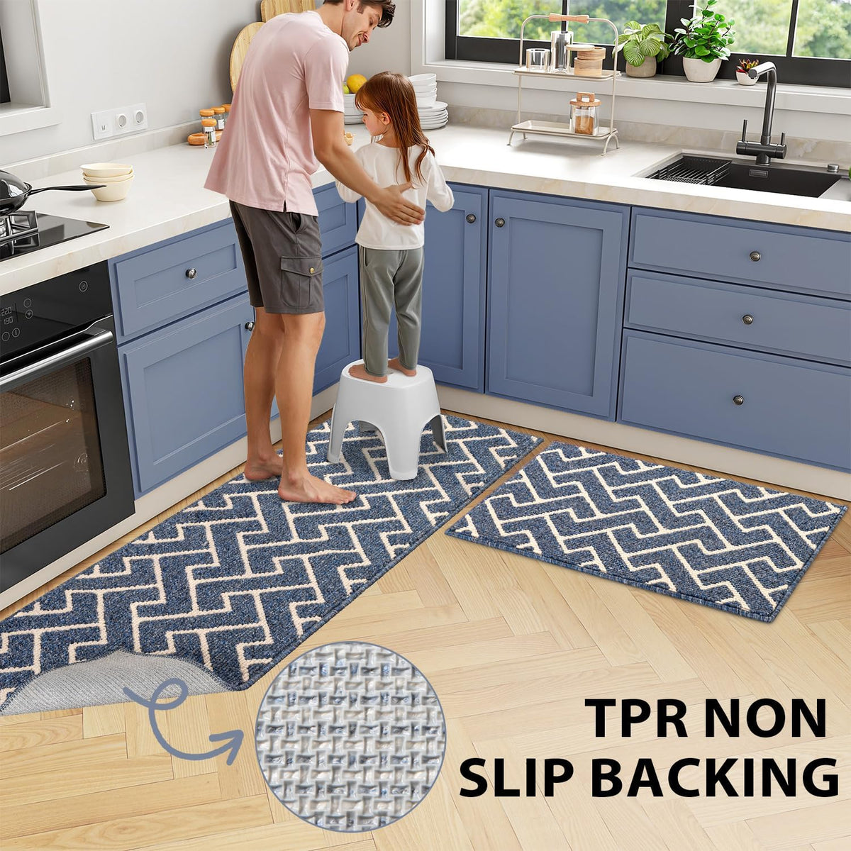 hicorfe Kitchen Rugs and Mats Sets,Non-Slip 2 Pieces Absorbent 100% Polypropylene Rug,Comfort Kitchen Runner Mat,Washable for Kitchen,Sink,Laundry(20" x 31.5" Plus 20" x 48",Navy Blue)