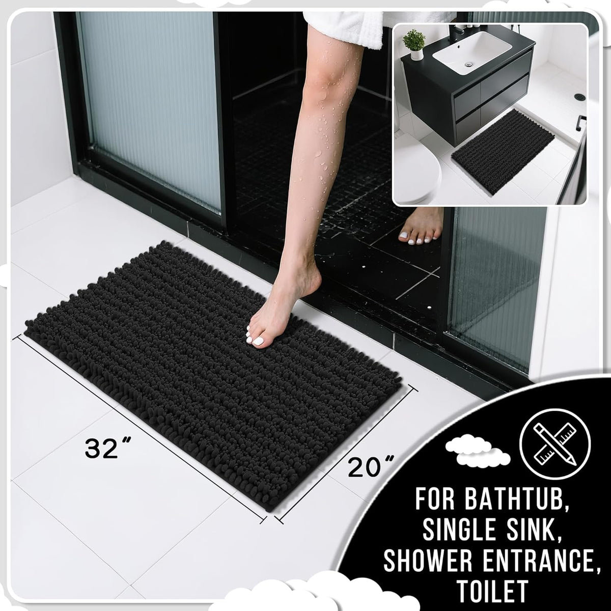 Yimobra Bathroom Rugs Non Slip Washable 32x20 Inch - Ultra Soft Absorbent Chenille Bath Mat, Quick Dry Shaggy Floor Carpet for Tub Shower, Black Home Decor Accessories
