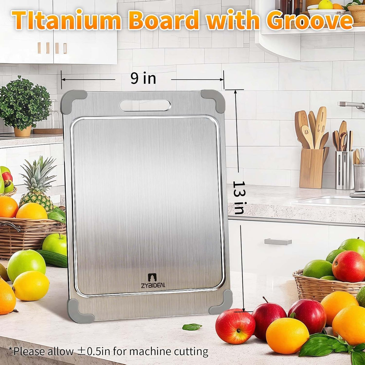 100% Pure Titanium Cutting Board with Grooves, Update Double Side Titanium Chopping Board, Silicone Anti-slip Stainless Cutting Boards for Kitchen 9 * 13 IN, Grey