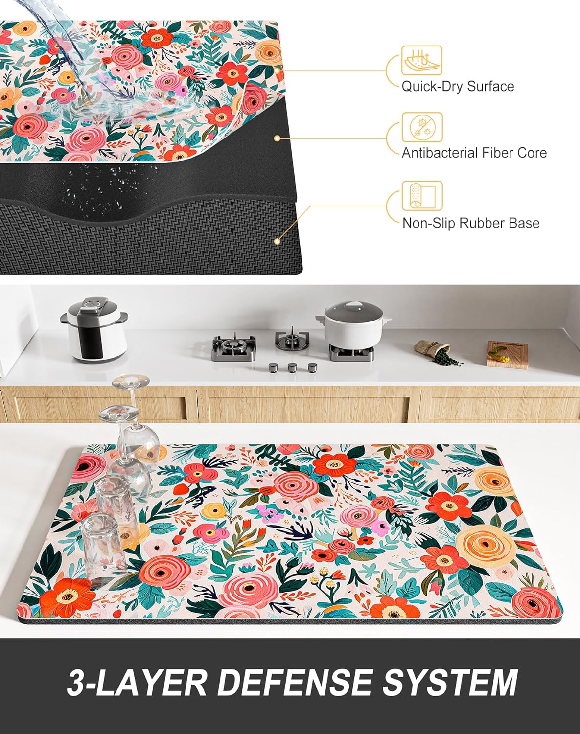 Rnivvi Dish Drying Mat for Kitchen Counter, 12 x 19" Cute Flower Super Absorbent Draining Pad, Non-Slip Heat Resistant Coffee Bar Mats for Coffee Machine Station Accessories, Colorful Dish Rack Pad