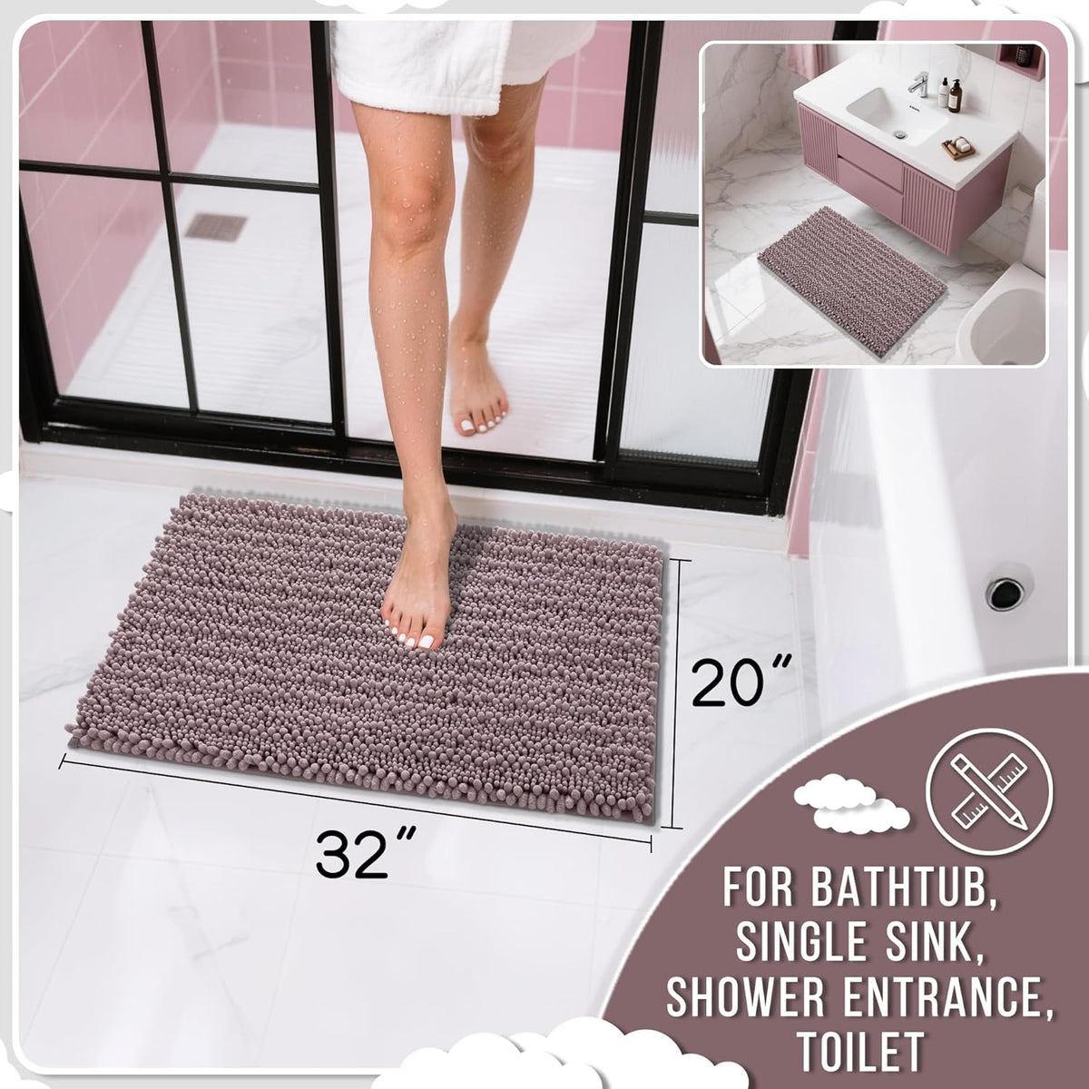 Yimobra Bathroom Rugs Non Slip Washable 32x20 Inch - Ultra Soft Absorbent Chenille Bath Mat, Quick Dry Shaggy Floor Carpet for Tub Shower, Mauve Home Decor Accessories