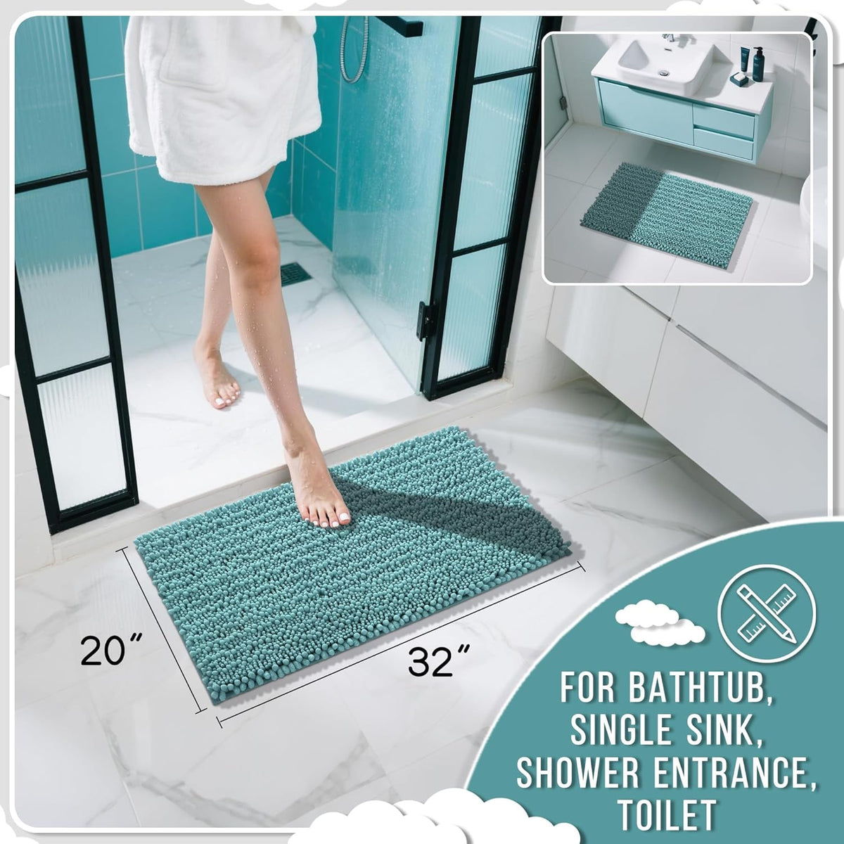 Yimobra Bathroom Rugs Non Slip Washable 32x20 Inch - Ultra Soft Absorbent Chenille Bath Mat, Quick Dry Shaggy Floor Carpet for Tub Shower, Teal Blue Home Decor Accessories