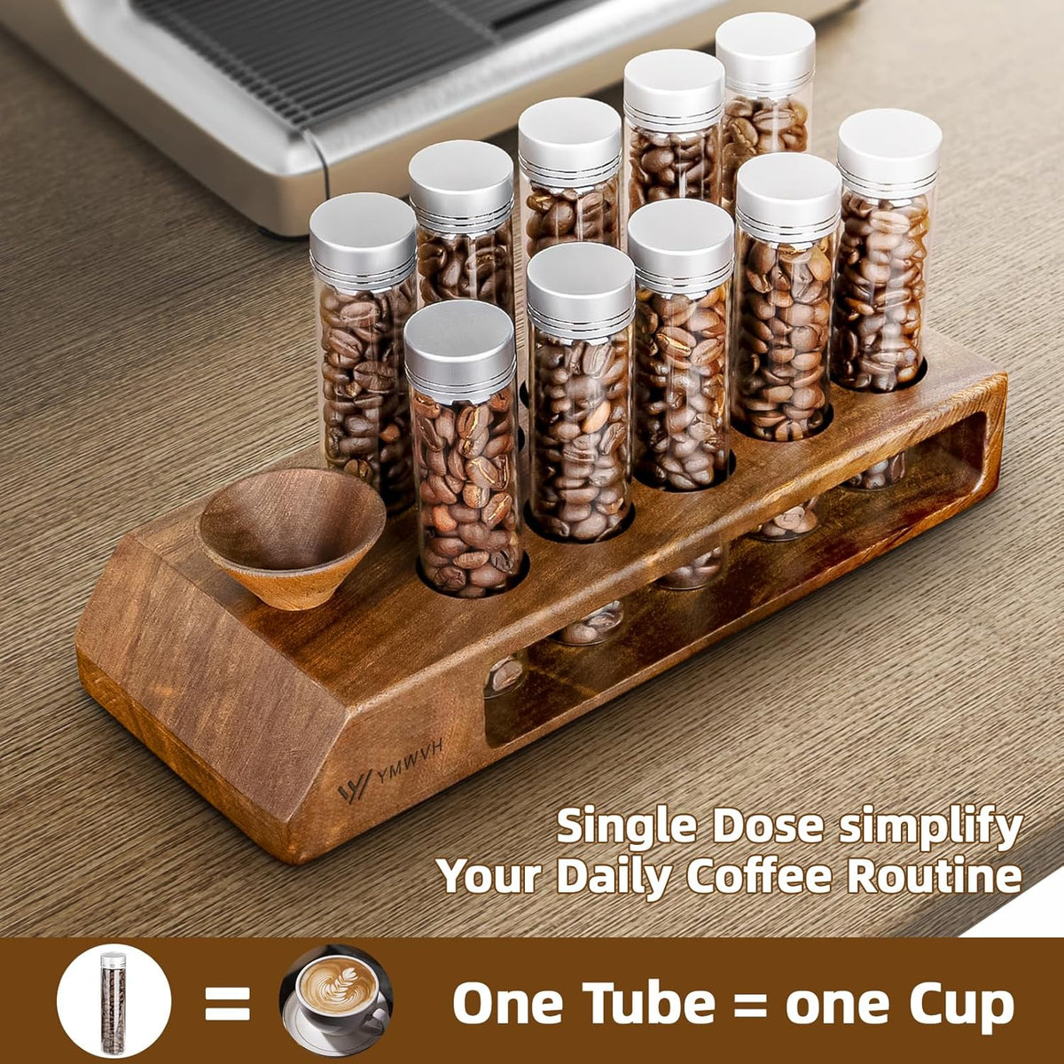 Single Dose Coffee Bean Storage Tubes 12 Pcs Coffee Bean Cellar Container Dosing Glass Vials,2oz Glass Jars With Lids, 2 Layers Sapele Display Stand And Wooden Funnel(Large)