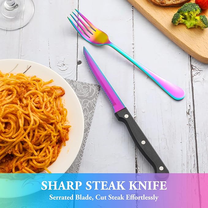 48 Pcs Rainbow Silverware Set with Steak Knives Service for 8,Stainless Steel Flatware Set,Mirror Polished Cutlery Utensil Set, Kitchen Eating Tableware,Include Fork Knife Spoon Set,Dishwasher Safe