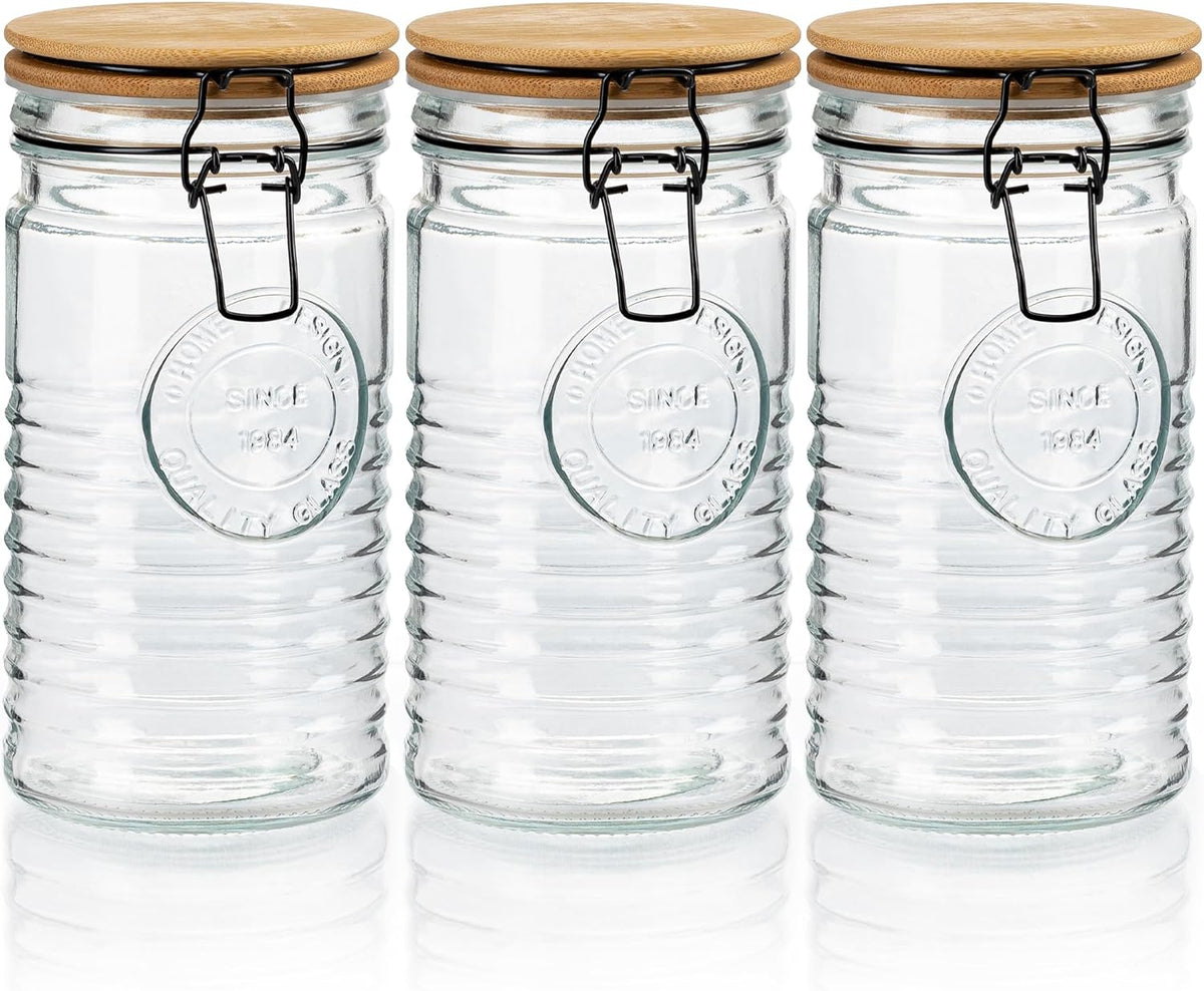 Glass Storage Containers with Airtight Lids - 40 Ounce Mason Jar Storage Containers for Cereal, Coffee & Rice - Pantry Organizing Canister Set of 3 for Kitchen
