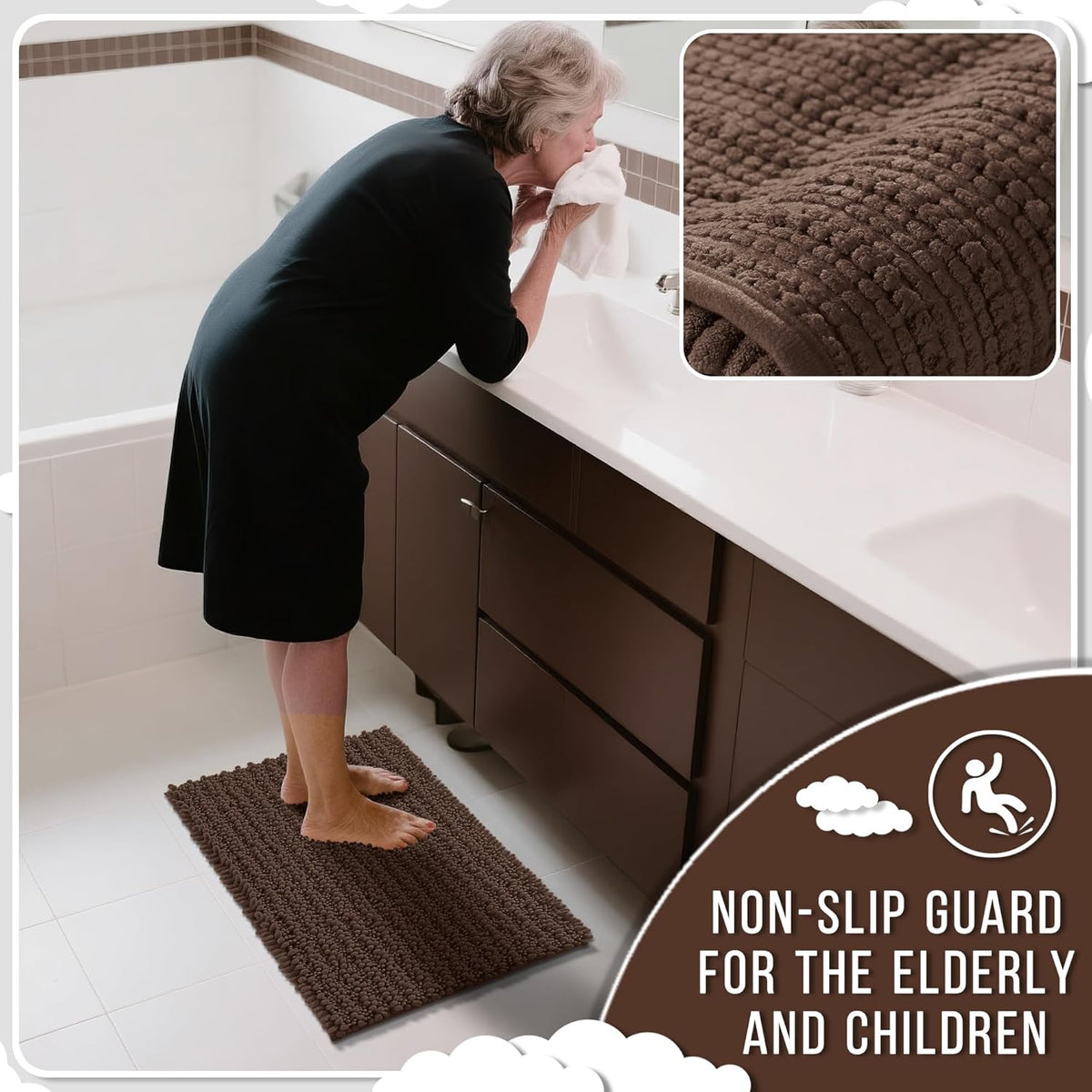 Yimobra Bathroom Runner Rug 55x24 Inch - Extra Long Non Slip Chenille Bath Mat, Soft & Absorbent, Machine Washable Shaggy Hallway Carpet for Vanity Tub Shower, Brown Home Decor Accessories